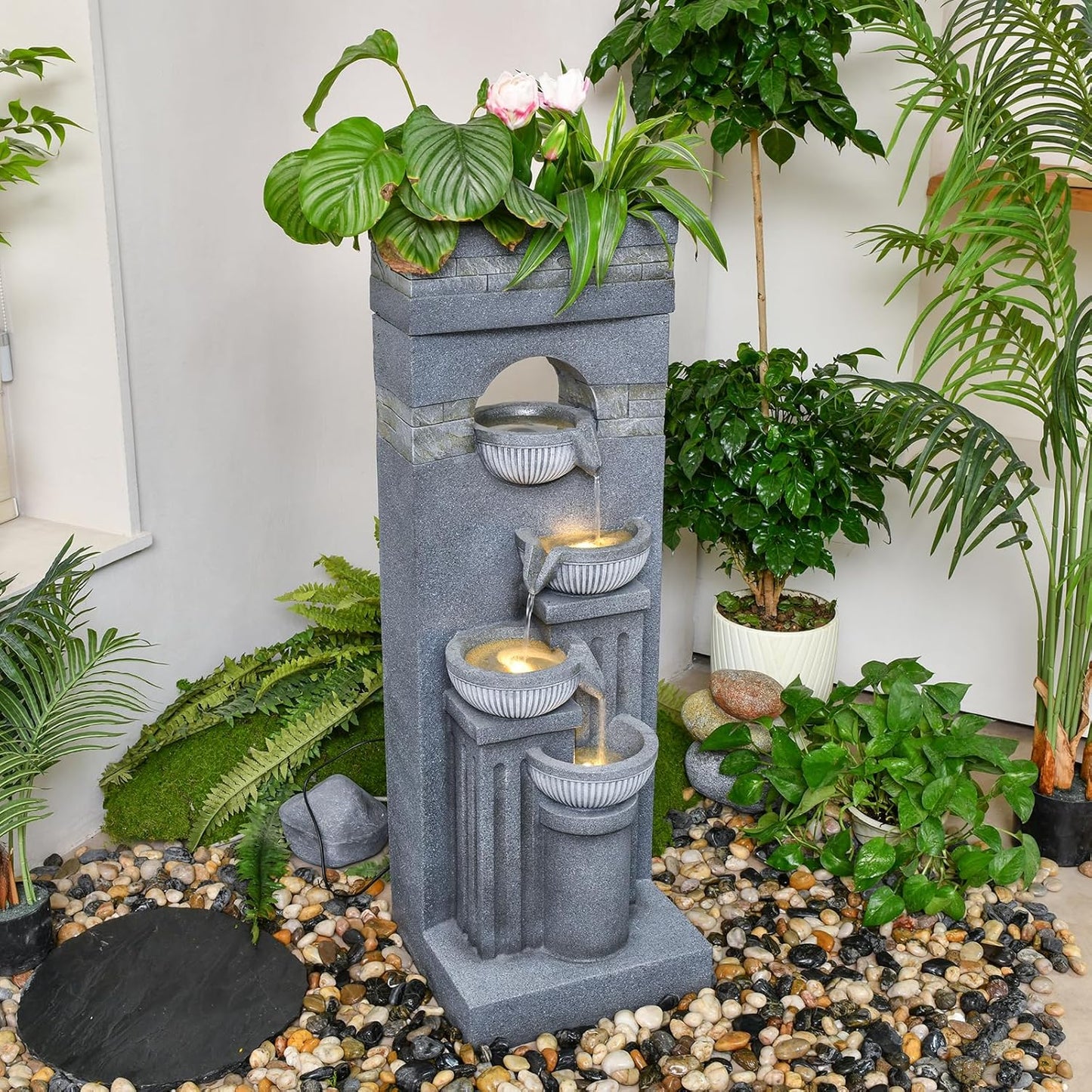 42.52" Outdoor Garden Water Fountain with Lights Floor-Standing 4 Tiers Cascading Large Waterfall Fountain for Patio, Backyard, Deck, Porch and Home Art Decor