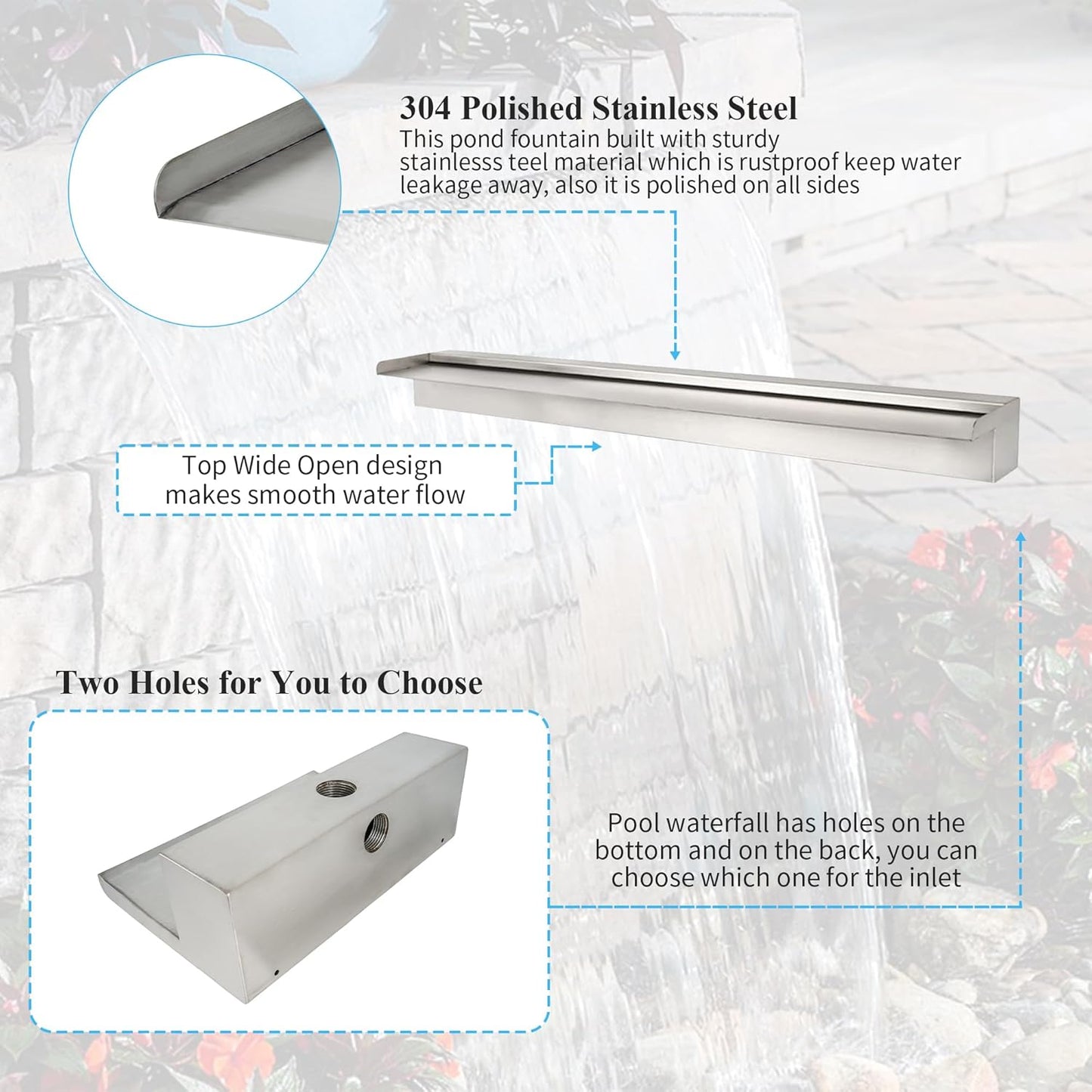 12 Inch Pool Fountain 304 Stainless Steel Waterfall Spillway with Pipe Connector Kits, Wider Water Flow Sheer Descent Platform Water Feature Fountain for Swimming Pool, Outdoor Garden Decor