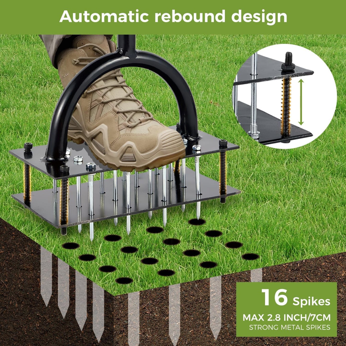 Lawn Aerator Tool, Lawn with 15 Iron Spikes, Automatic Leaf and Dirt Cleaning with Spring-Loaded Design, Metal Manual Aerator for Loosening Soil Aerating Patio, Yard, Garden Black