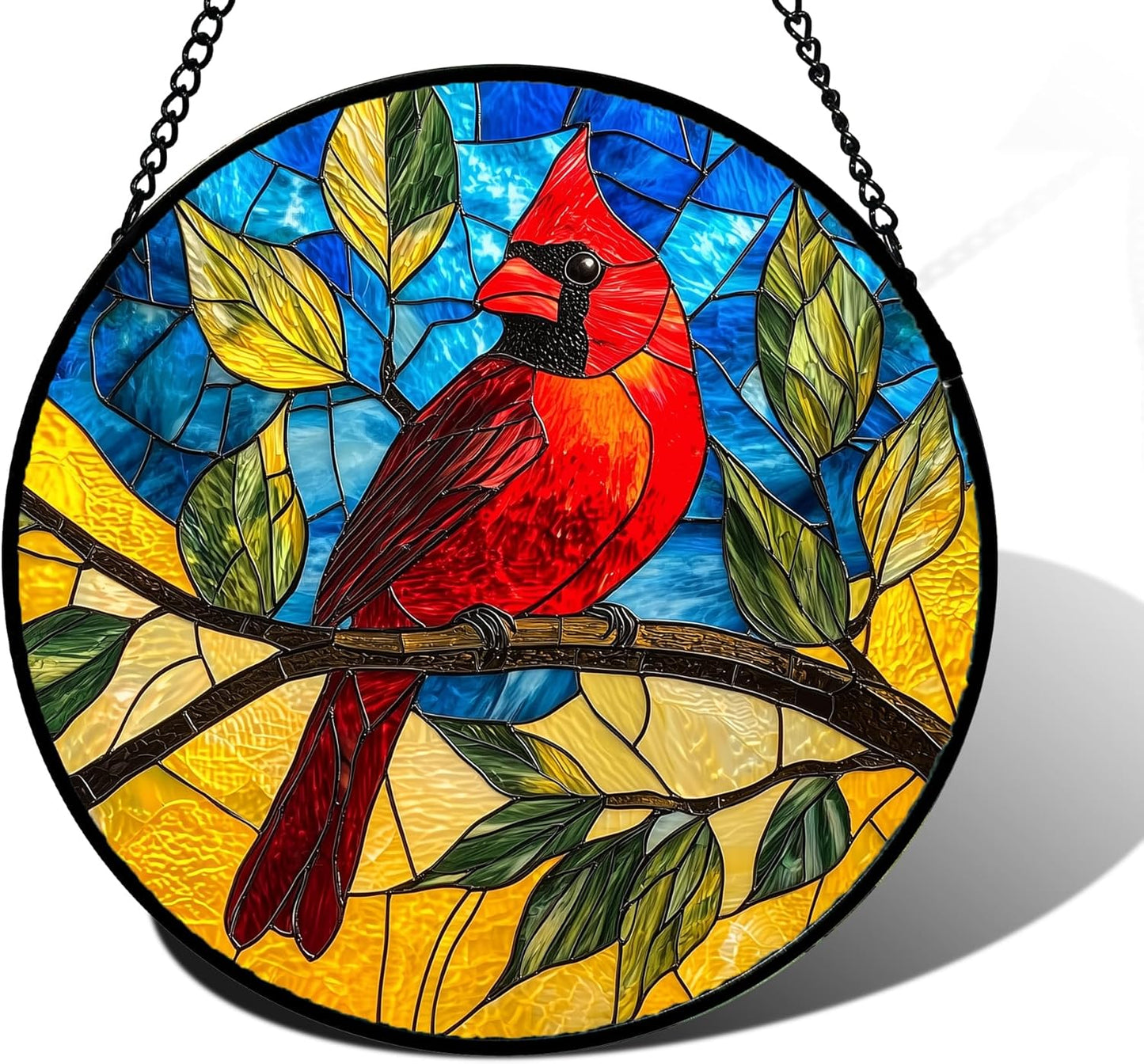 Stained Glass Window Hanging, Blue Sky Cardinal Sun Catchers Colorful Glass Panel Red Birds Suncatcher Decor for Birthday for Women, Men, Wife, Aunt, and Mom 7.8 in