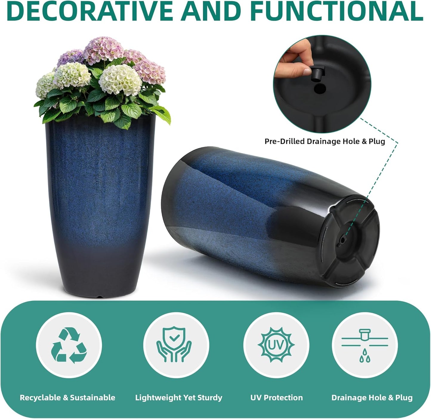 23.75" H Large Tall Outdoor Planters, Set of 2 Plastic Large Flower Pots for Outdoor Plants, with Gradient Cobalt Bule Finish, Weather-Resistant for Porch, Garden, Patio or Indoor Use