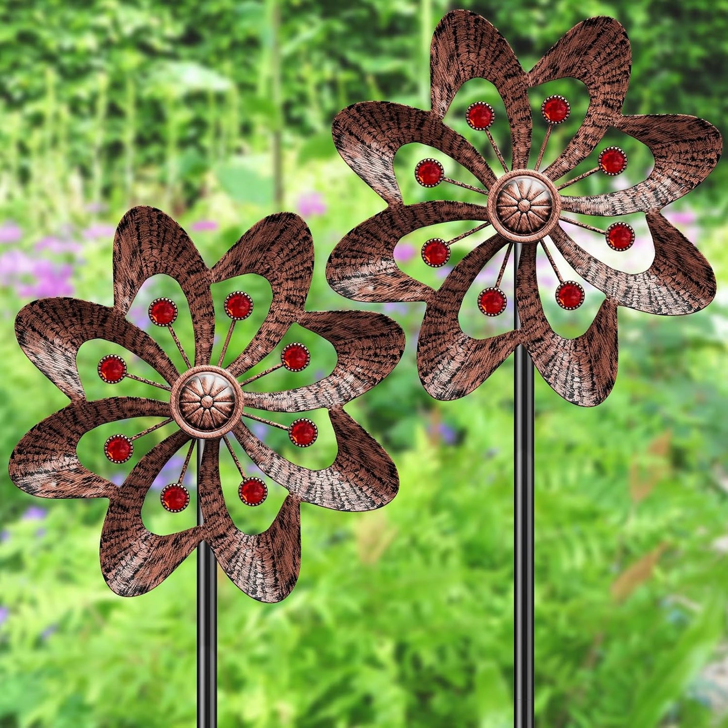 2PC Metal Wind Spinners Outdoor, 360° Wind Sculpture Spinner with Metal Stake, Waterproof Spinners Green Kinetic Wind Spinner for Yard Lawn Decor (A- Vintage Copper)