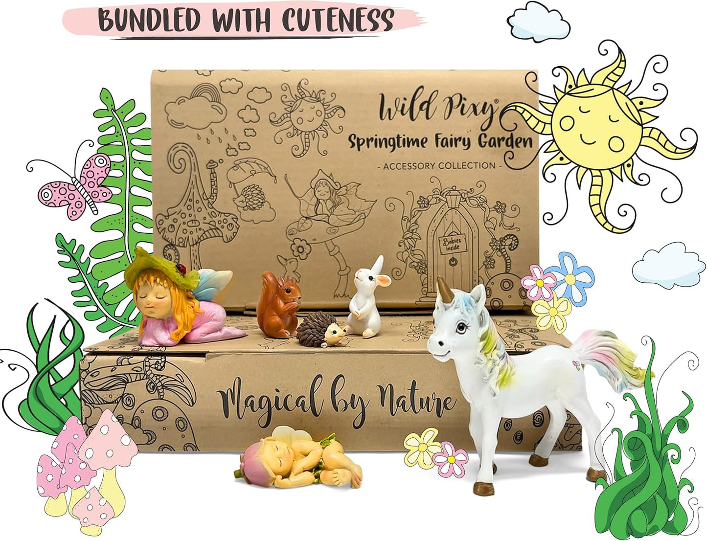 WILD PIXY Baby Miniature Fairy Garden Set – Springtime Fairy Accessories Kit with Gorgeous Fairies and Animals, Indoor/Outdoor Figurines in Designer Gift Box, Perfect for Garden Decor