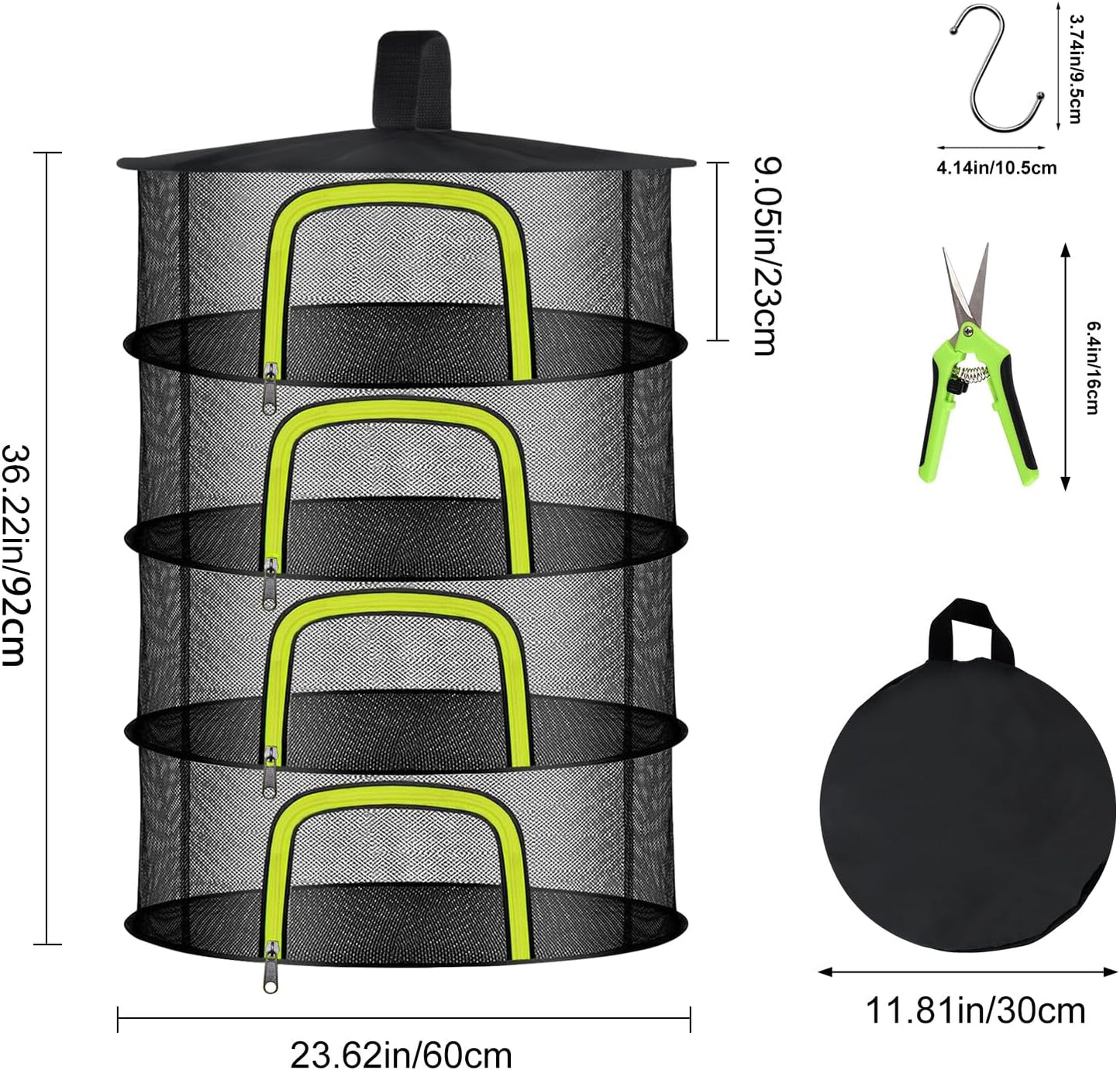 4 Layer Herb Drying Rack, Hanging Mesh Net, Foldable Plant Drying Rack With U-Shaped Zipper, Garden Trimming Shears and Hooks, For Drying Herbs Plants, Fruits, Seafood, Clothing(4 Layers-23.62'')