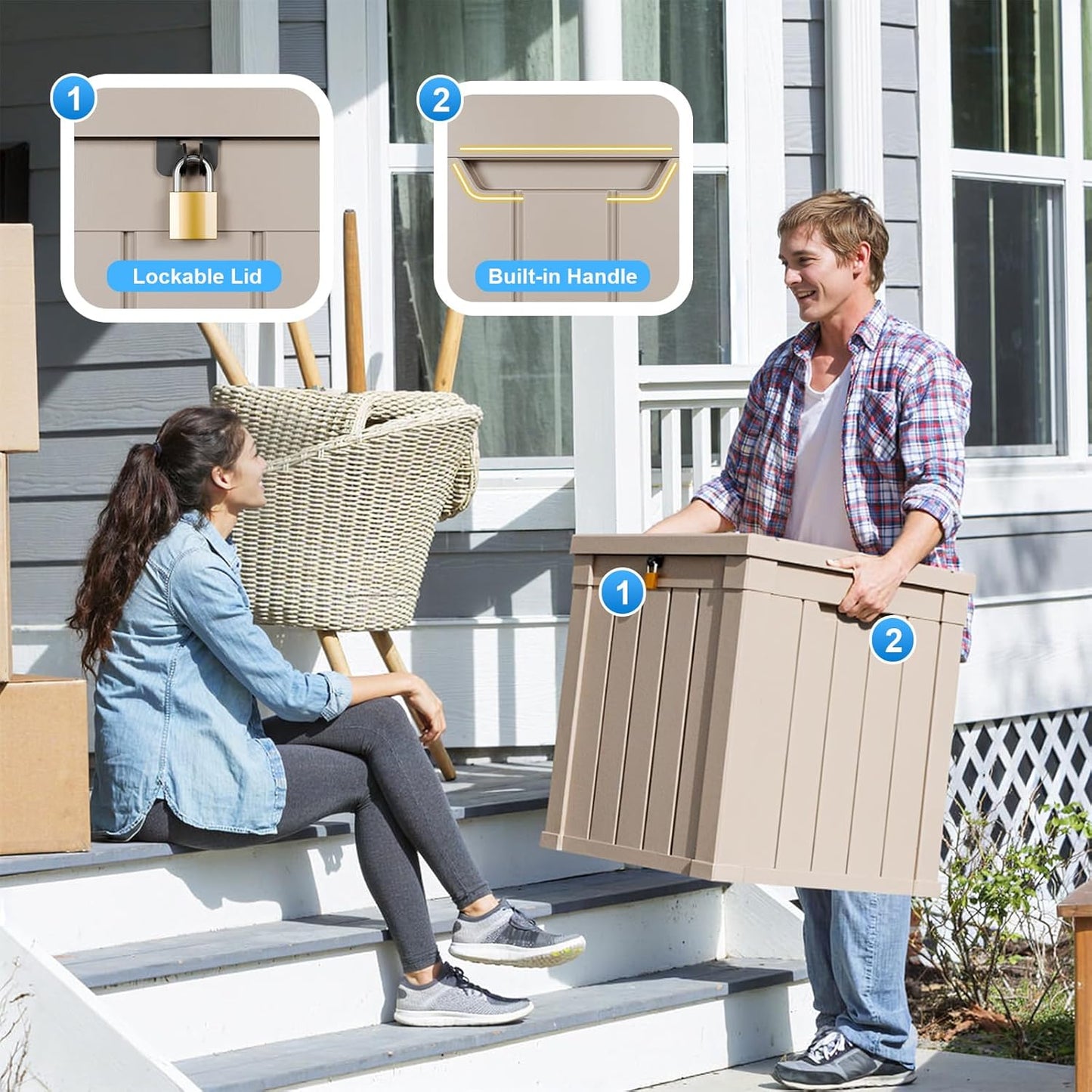 50 Gallon Outdoor Storage Box – Waterproof Deck Box for Garden & Patio,Light Brown