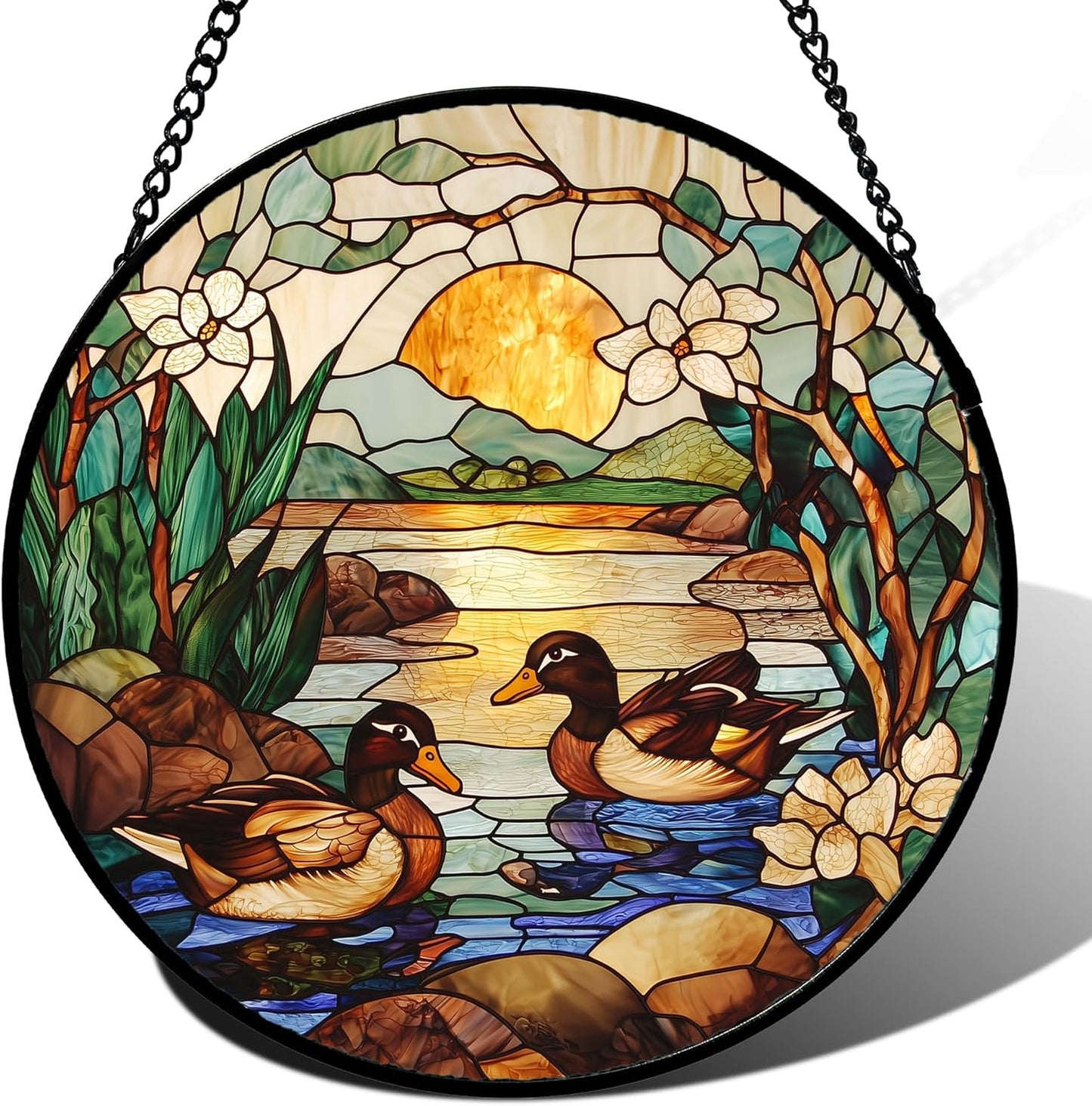 Stained Glass Window Hanging, Ducks in The Pond Sun Catcher for Door Home Decor Landscape Plant Suncatcher Christmas Mother's Day Birthday Gifts for Women Men Mom Nana 15 in