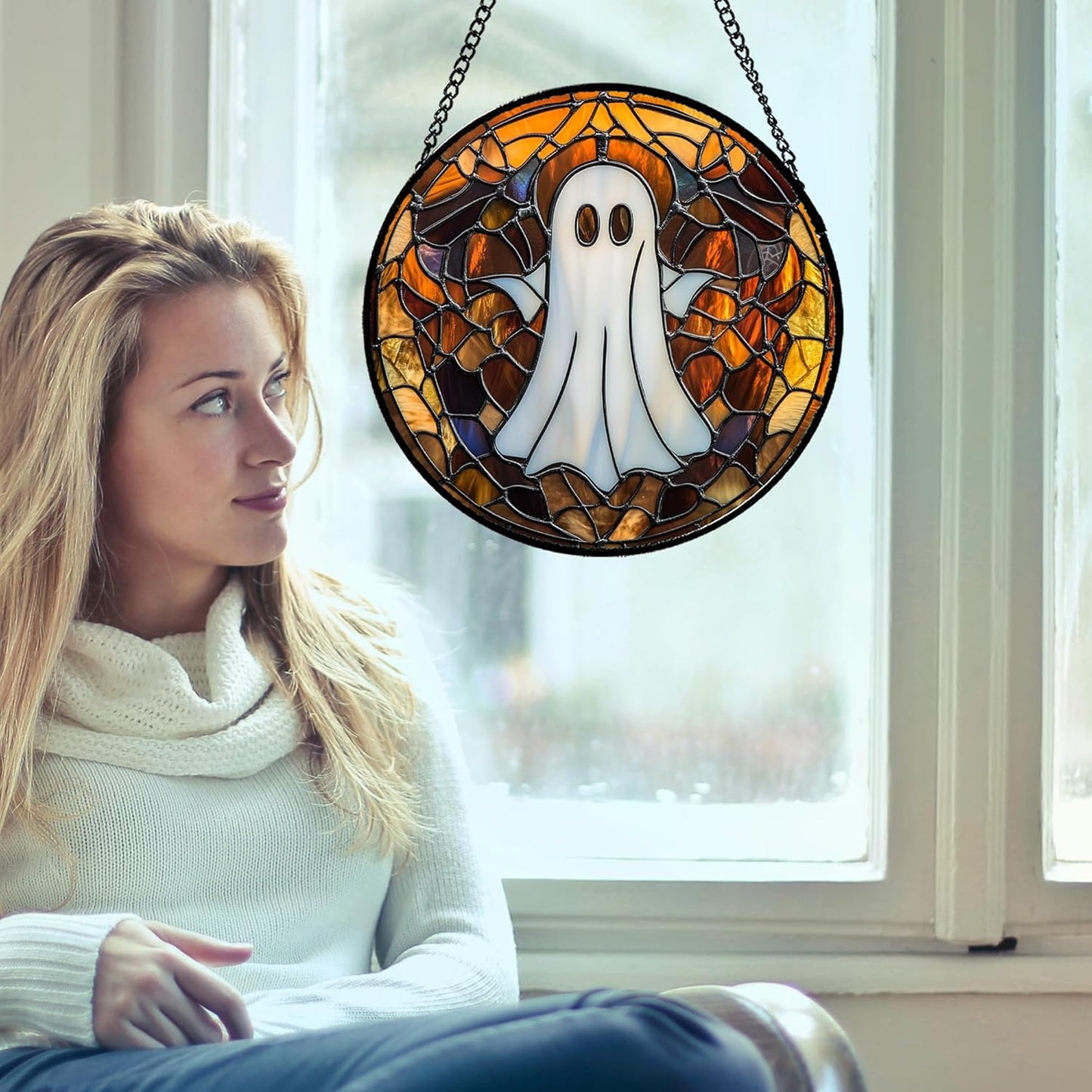Stained Glass Window Hanging Halloween White Horror Ghost 7.8" - Suncatcher Door Garden Kitchen Sun Catcher Home Gothic Decor Birthday for Mom Men Woman Friend Grandma