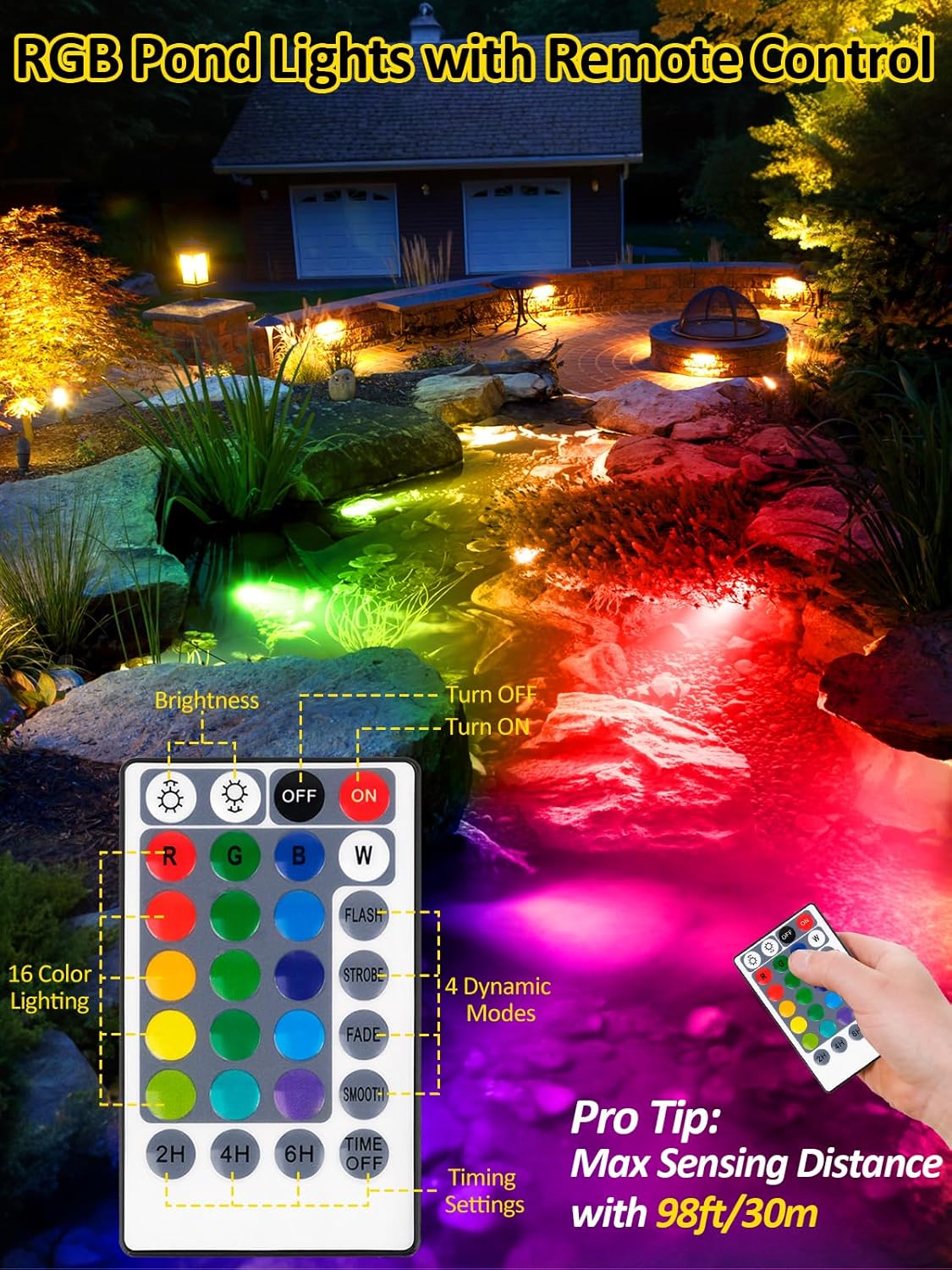 T-SUN Colored Pond Lights with Timer, LED Underwater Pond Light Submersible Fountain Lights for Fish Tank Landscape Spotlight - Remote Control, IP68 Waterproof, Aquarium, Waterfall, Yard (3 Heads)