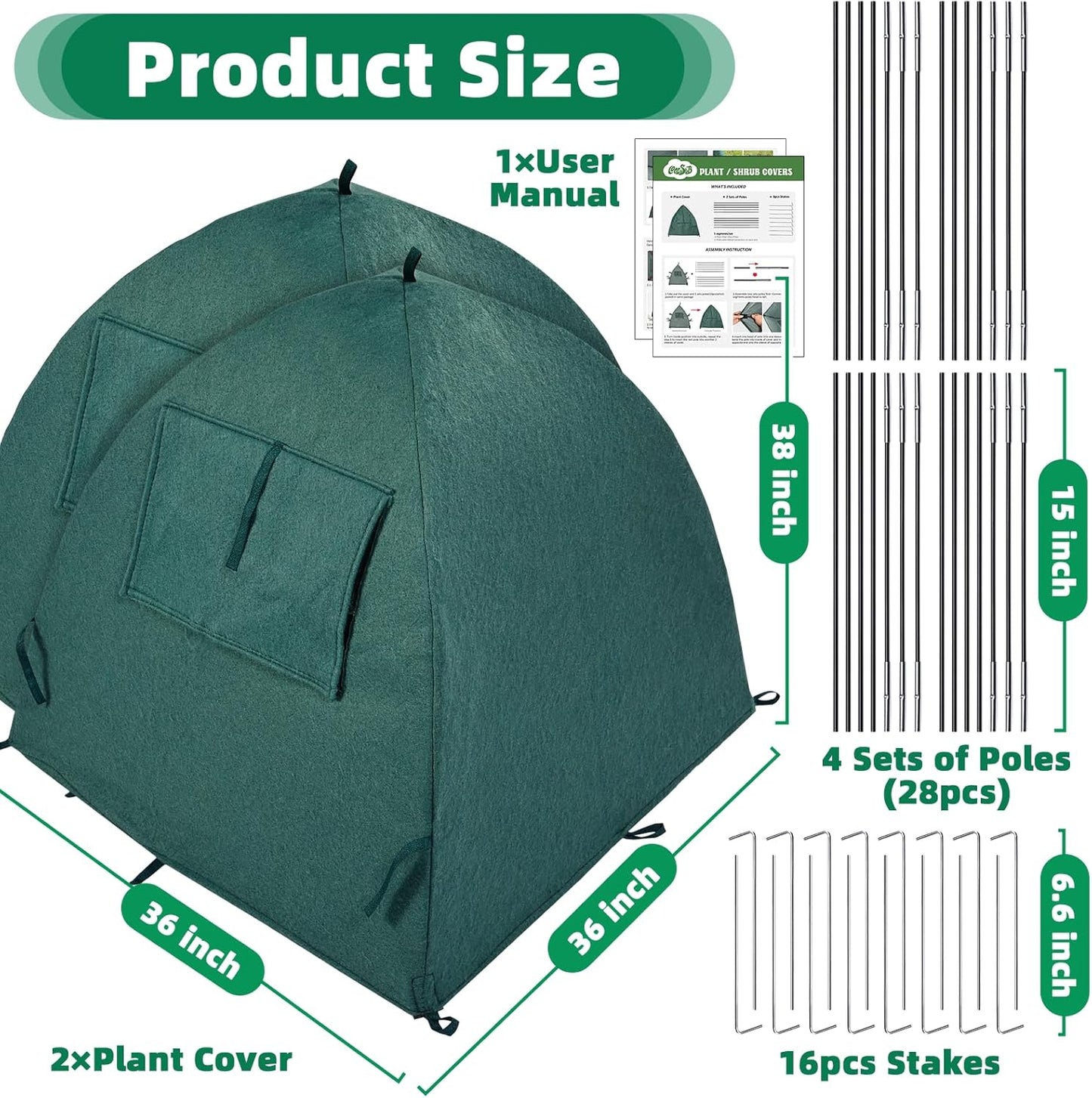 2 Packs Plant Cover Freeze Protection Blanket, 36''x36''x38'' Outdoor Garden Fabric Cover with Poles and Stakes for Winter Frost, Shade Cloth Plant Guard for Shrubs, Small Trees, Green