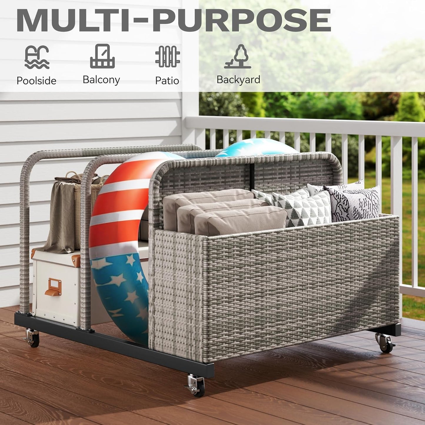 DWVO Pool Float Storage, Pool Storage Bin with PE Rattan,Pool Storage for cushions, Floaties, Noodles, Life Vests, Beach Balls, Patio Furniture (Grey)