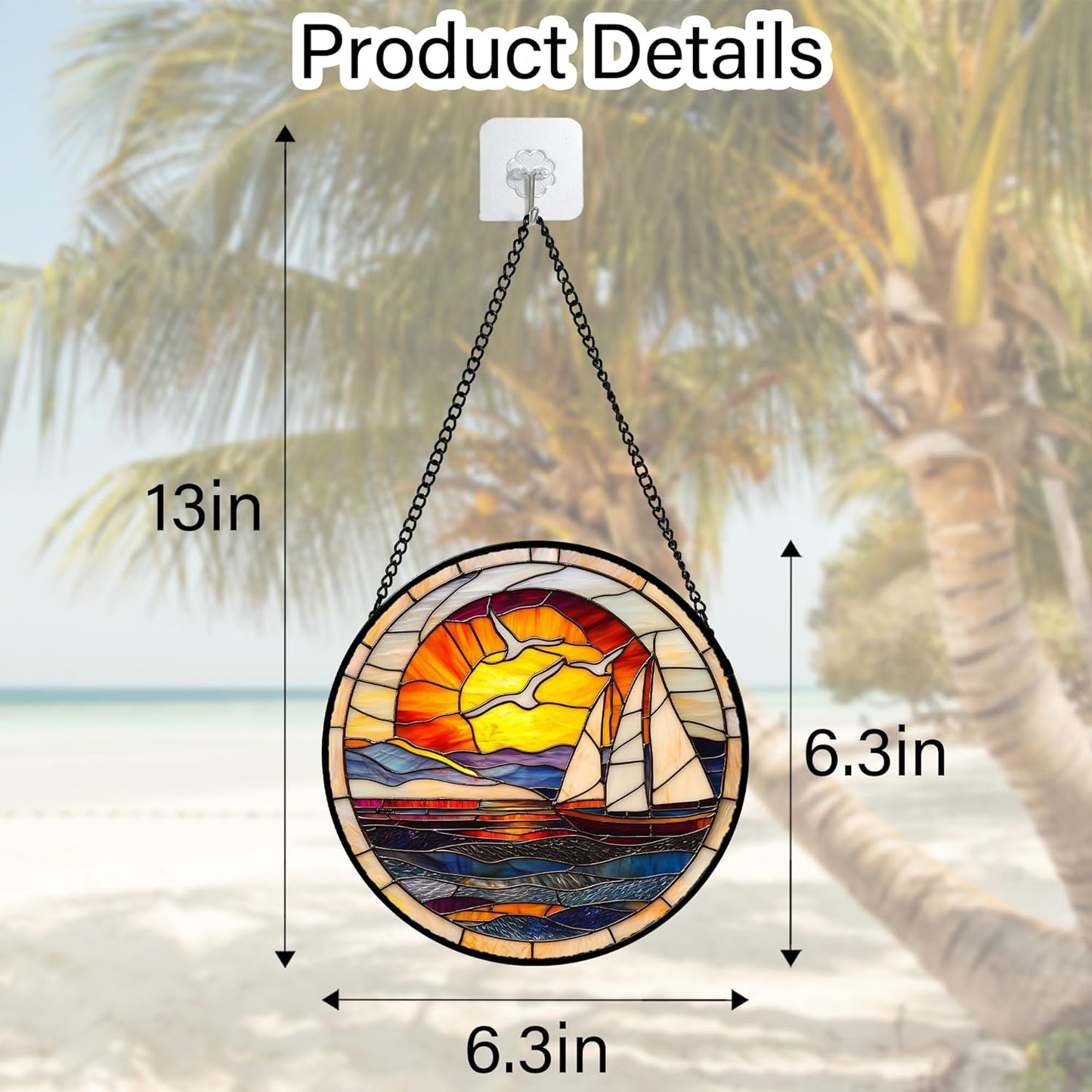 Stained Glass Window Hanging, Sun Ocean Sailboat Seagull Abstract Suncatcher Diamond Glass Panel Sun Catchers Decor for Birthday for Women, Men, Wife, Aunt, and Mom 6.3 in