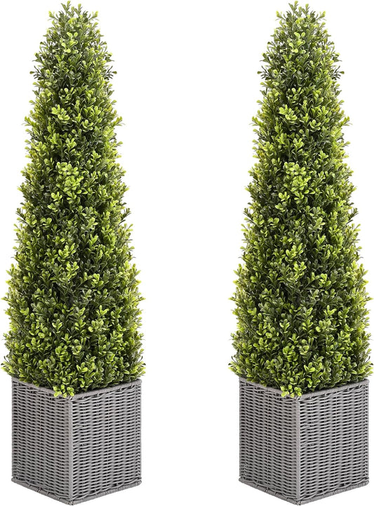 48 Inch Artificial Boxwood Outdoor Topiary Tree Set of 2, 4FT Potted Boxwood Tree Cone Topiary Artificial Plant Shrub for Front Porch Home Office Decor…