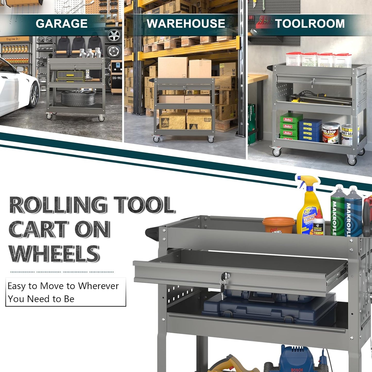 3 Tier Rolling Tool Cart on Wheels with Locking Drawer - Metal Service Cart Industrial Utility Cart for Mechanic - 350 LBS Mobile Storage Organizer for Garage, (Gray)