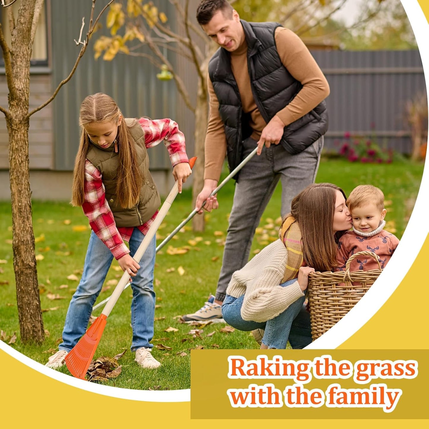 Therwen 8 Pcs Kids Rake 31" Child Size Plastic Lawn Rakes for Leaves Small Rake with Plastic Head and Wooden Handle Toddler Kid Gardening Tools for Leaves Gardening Camping(Orange)