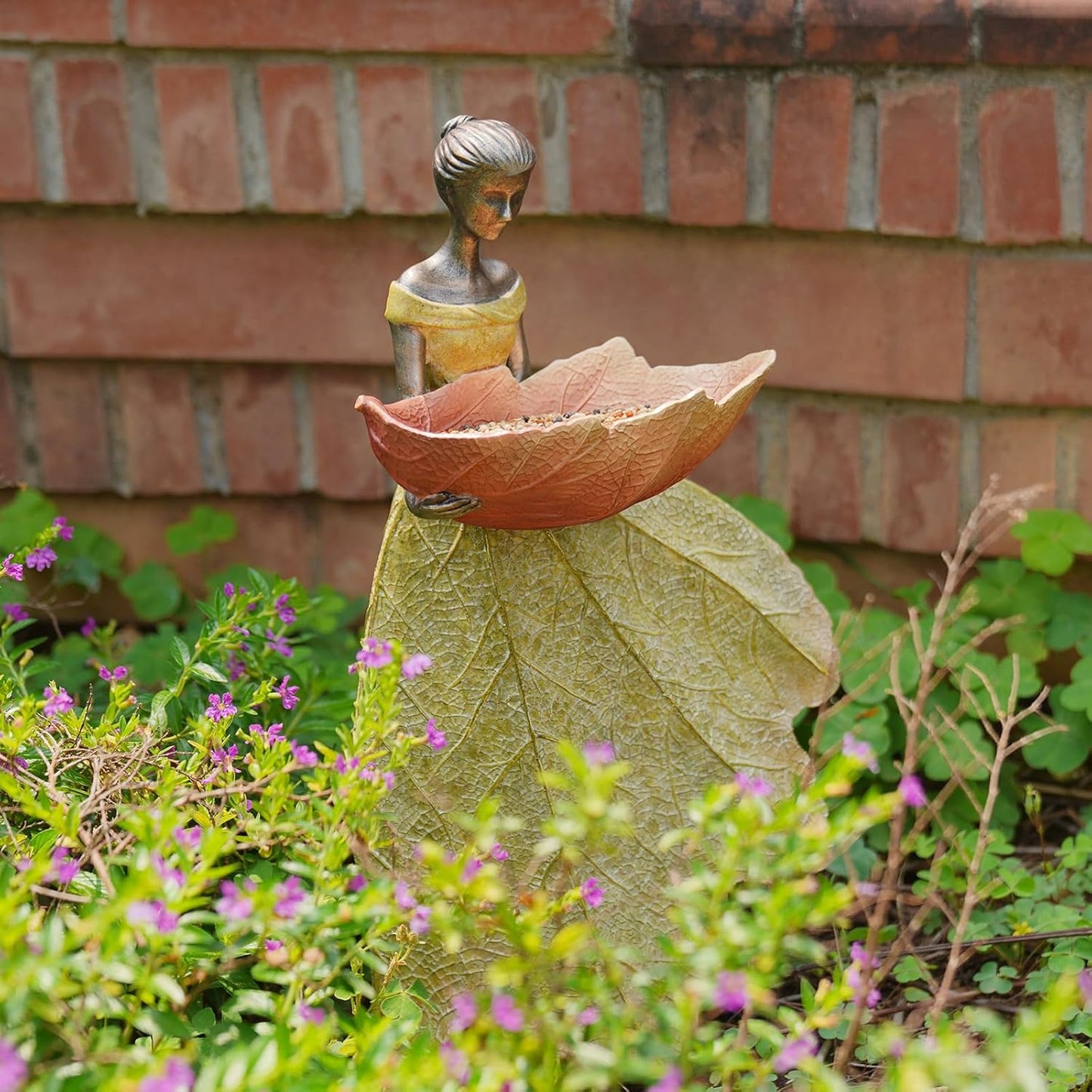 DiliComing Fairy Garden Statue Bird Feeder - 12 Inch Fairy Statue for Home Decoration, Resin Outdoor Statues for Garden Decoration, Best Bird Feeder Gift for Women(Yellow)