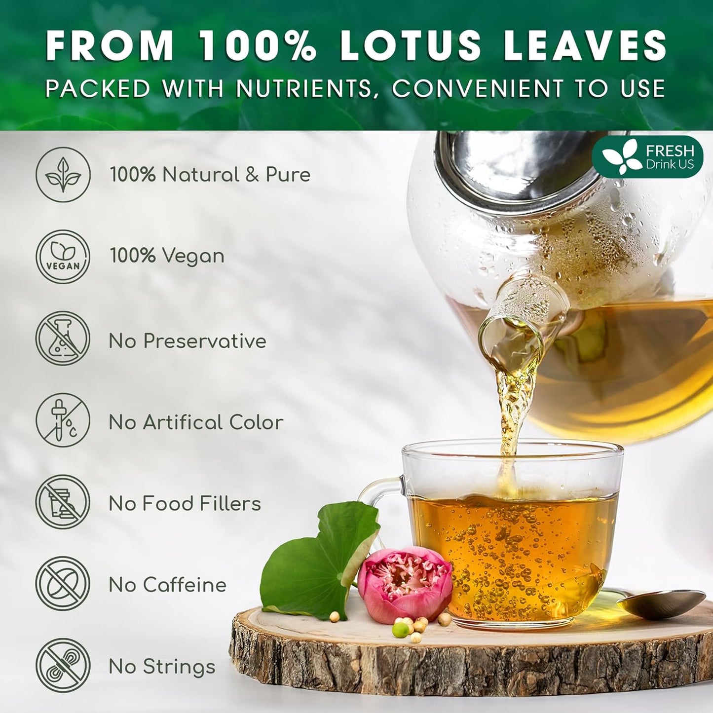 FreshDrinkUS, Premium 30 Lotus Leaf Tea Bags, 100% Natural & Pure from Lotus Leaves. Loose Leaf Lotus Herbal Tea. Made with Eco-Conscious Tea Bags. No Sugar, No Caffeine, No Gluten, Vegan.