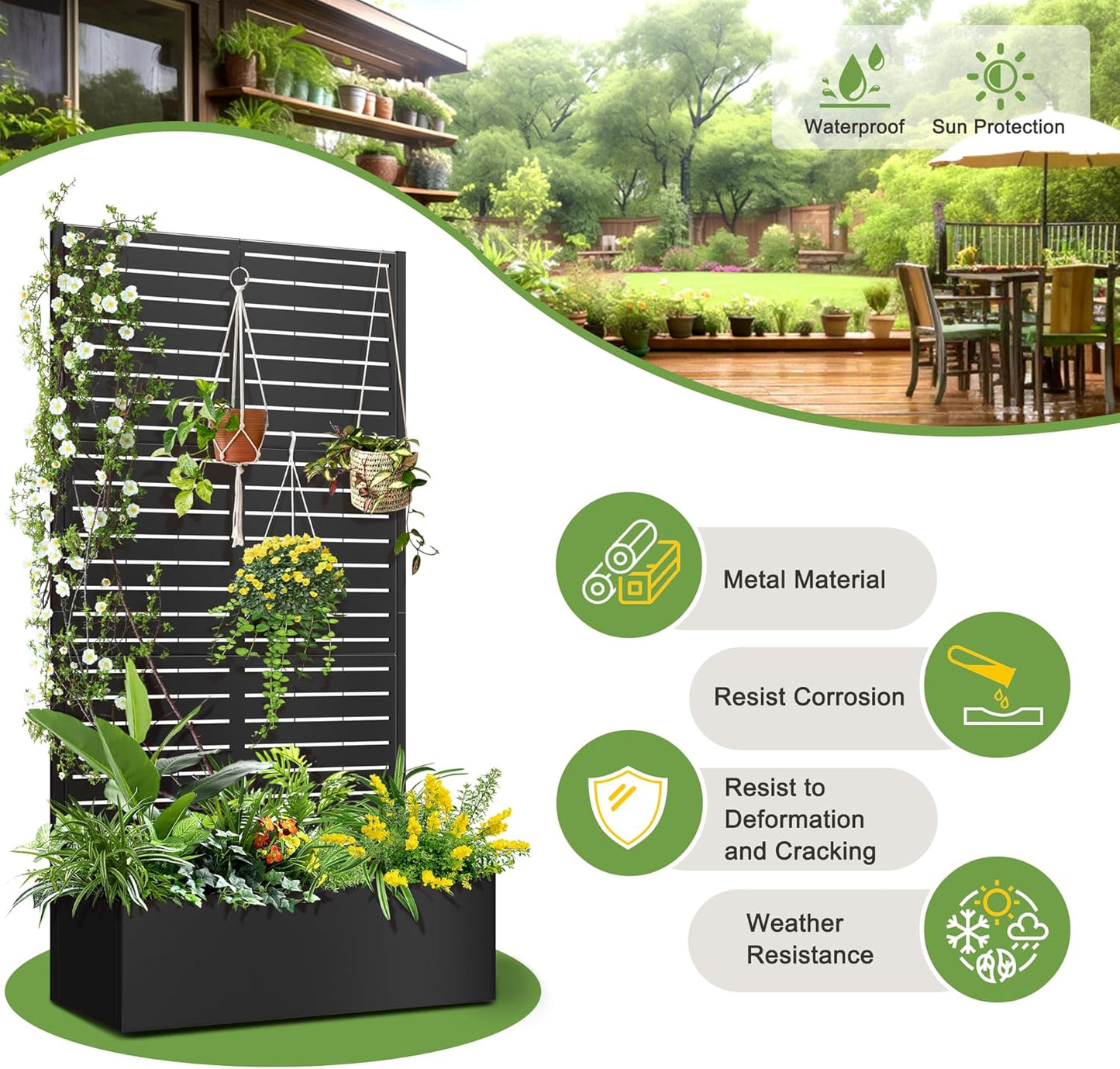 FENCY Metal Raised Garden Bed with Trellis, Metal Planter Box with Trellis, Garden Box for Climbing Plants Vegetable, 35" Lx16 Wx71 H Garden Bed with Drainage Holes(Black-Louvered)