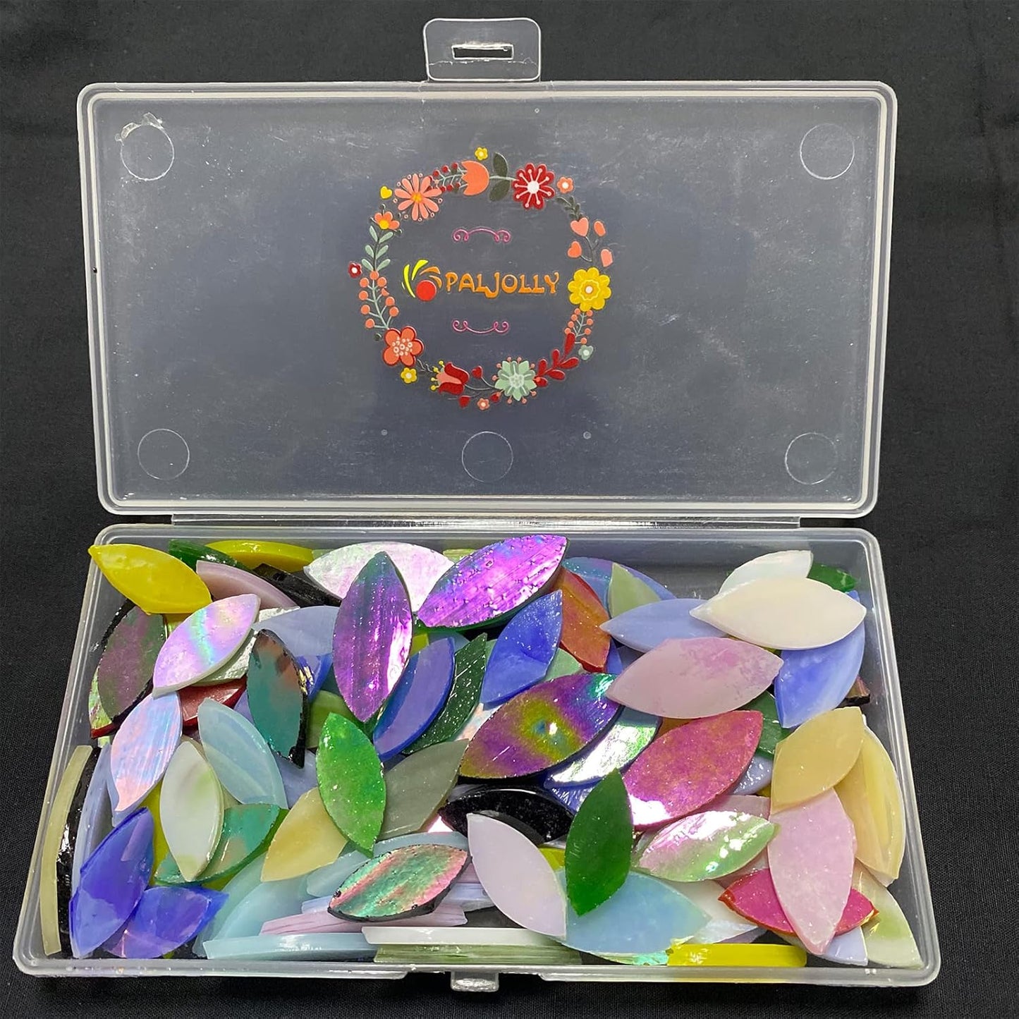 120 Pcs Iridescent Glass Petal Mosaic Tiles for Crafts, Stained Glass Supplies, Flower Leaves Mosaic Pieces Kit, Assorted Size and Rainbow Colors