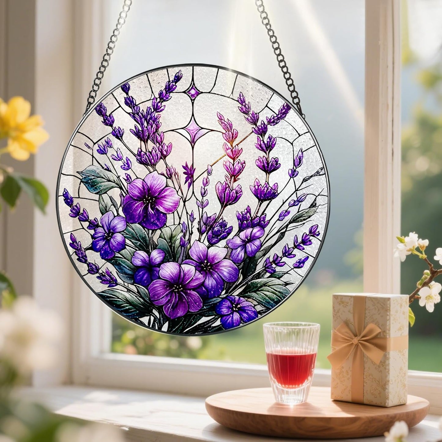 Bauhinia&Violets Flower Stained Glass Suncatcher, Stained Glass Window Hanging, 8 Inch Window Hanging Decor, Christmas, Mother's Day, Birthday Gifts for Mom, Grandma, Women, Wife, Lovers