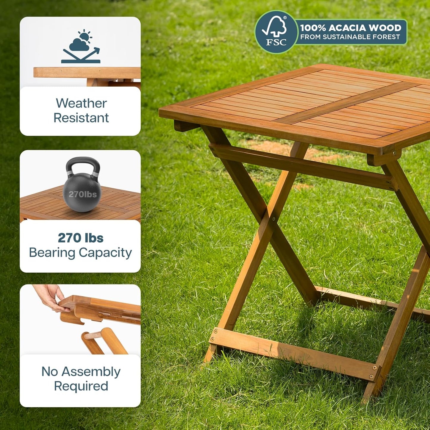 IDZO Legolas FSC Acacia Wooden Folding Table, Heavy Duty 270lbs Capacity, Elegant & Rustic Design for Garden, Backyard, Porch, Patio, Easy Assembly