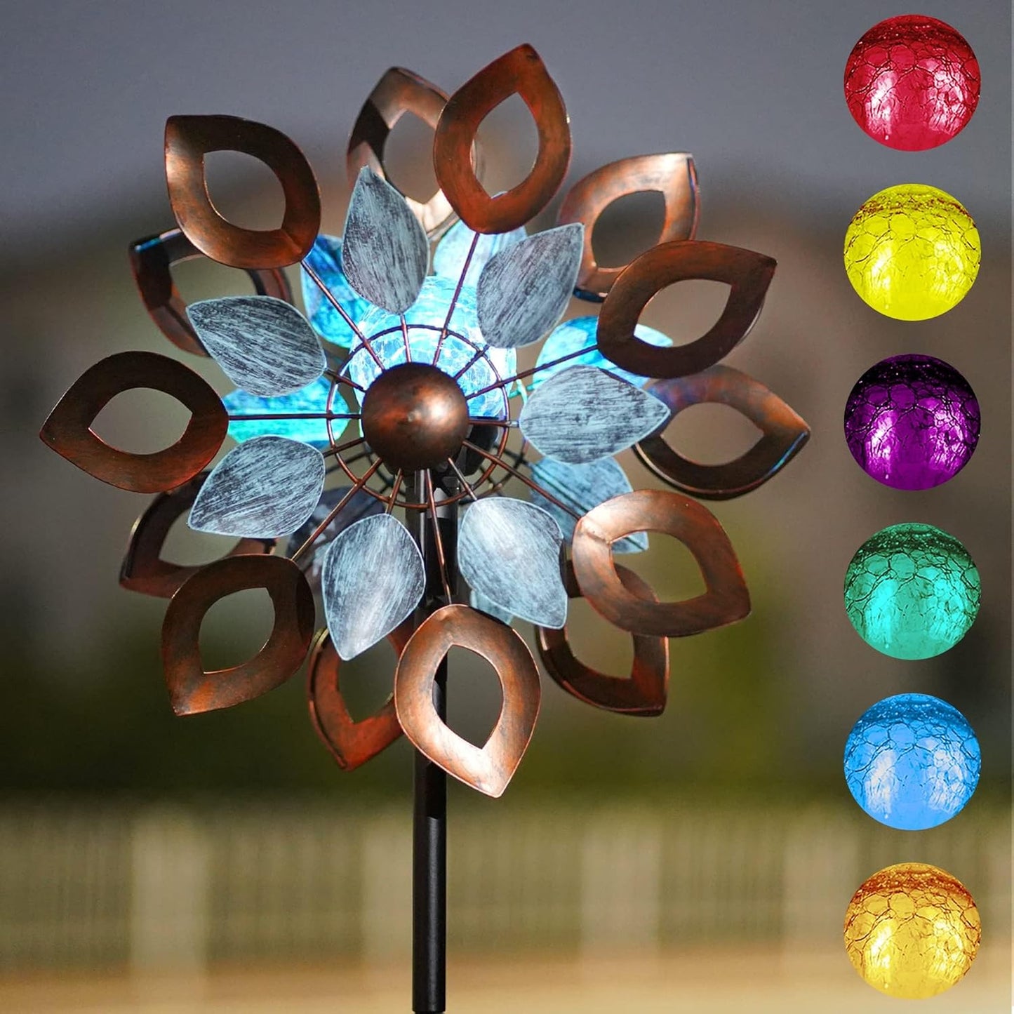 Copper Wind Spinners Outdoor 74 Inches with Solar LED Light, Kinetic Dual Wind Sculptures & Spinners for Yard Lawn Garden Decor, Large Metal Clearance Windmill with Bronze Leaf