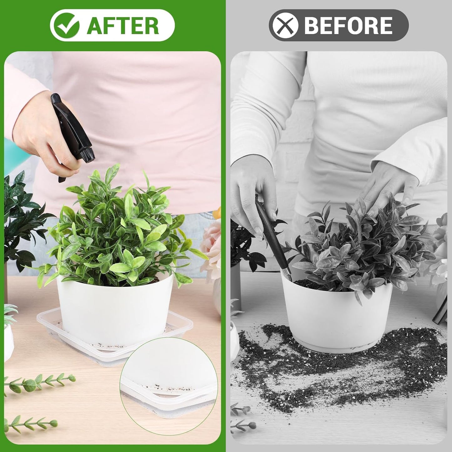 GREANER 6 Packs Square Clear Plant Saucer 6 8 10 Inch, Plastic Flower Plant Pot Saucer, Plant Watering Tray for Planter Pots, Flower Plant Drip Trays for Indoor & Outdoor Plants