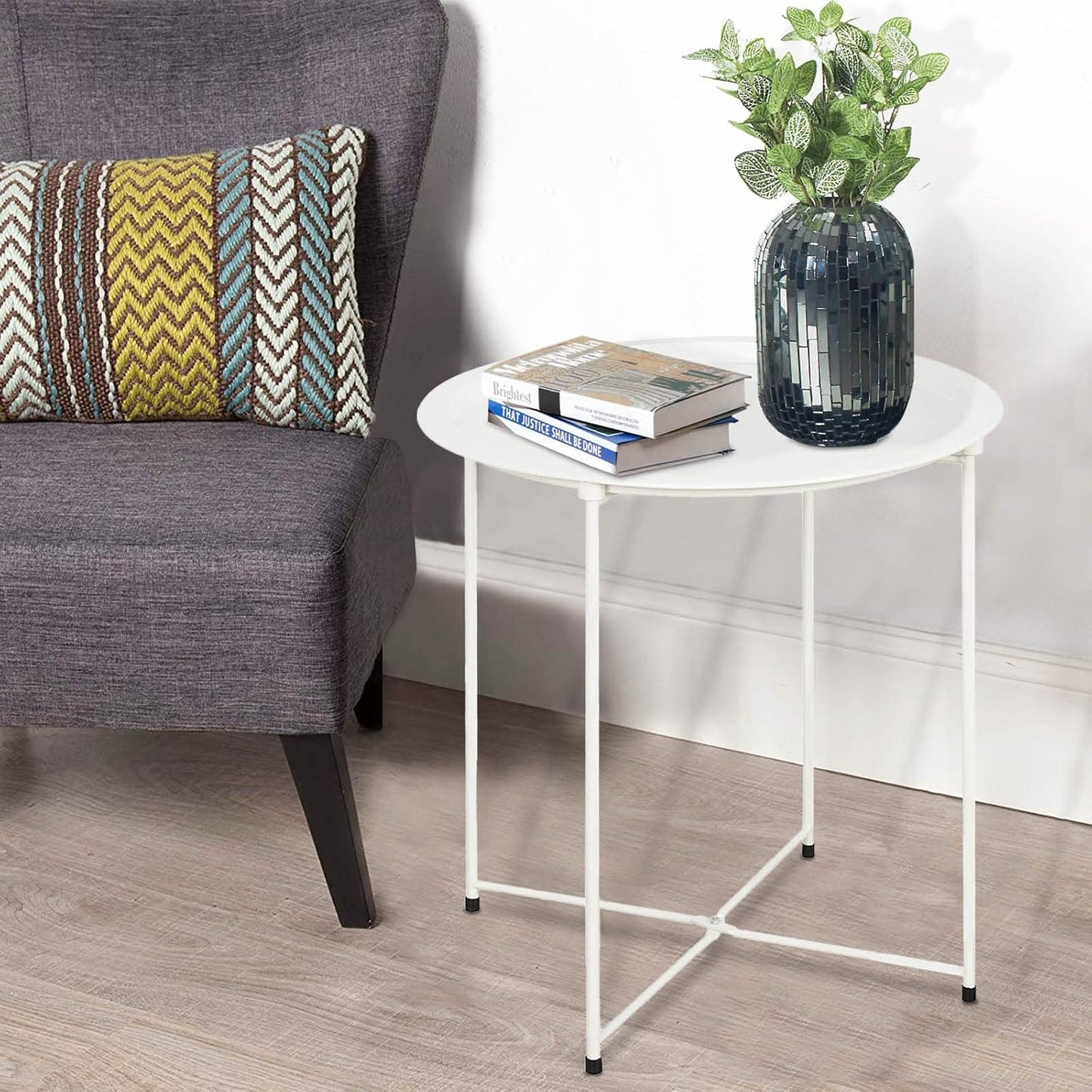 Garden 4 you End Table Metal Side Table White Round Folding Tray Cyan Sofa Small Accent Fold-able Table, Round End Table Tray, Next to Sofa Table, Snack Table for Living Room and Bed Room