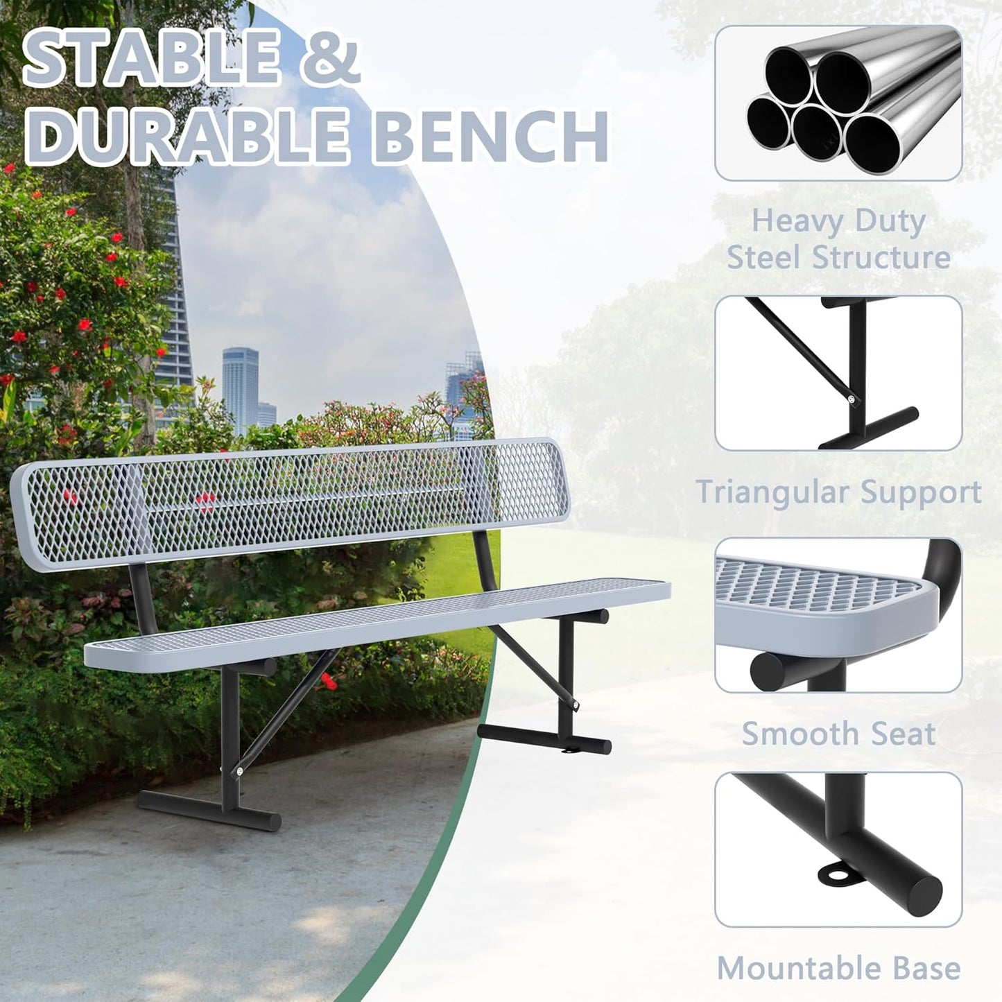 8FT Benches for Outside, Heavy-Duty Outdoor Garden Bench W/Back, Metal Park Bench for Sitting Area, Commercial Bench for Patio Porch Backyard School Sports Church Locker Room Shopping Centers