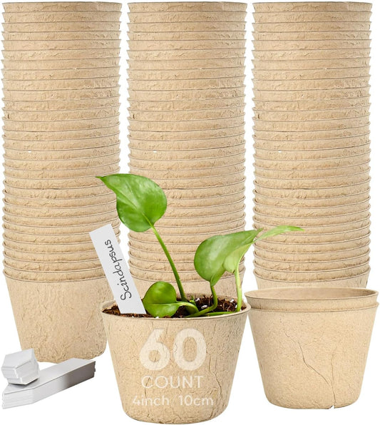 4” Peat Pots with 60Pcs Plant Labels, Biodegradable Pots for Seedlings with Drainage Holes, Garden Plant Nursery Pots Seed Starting Trays