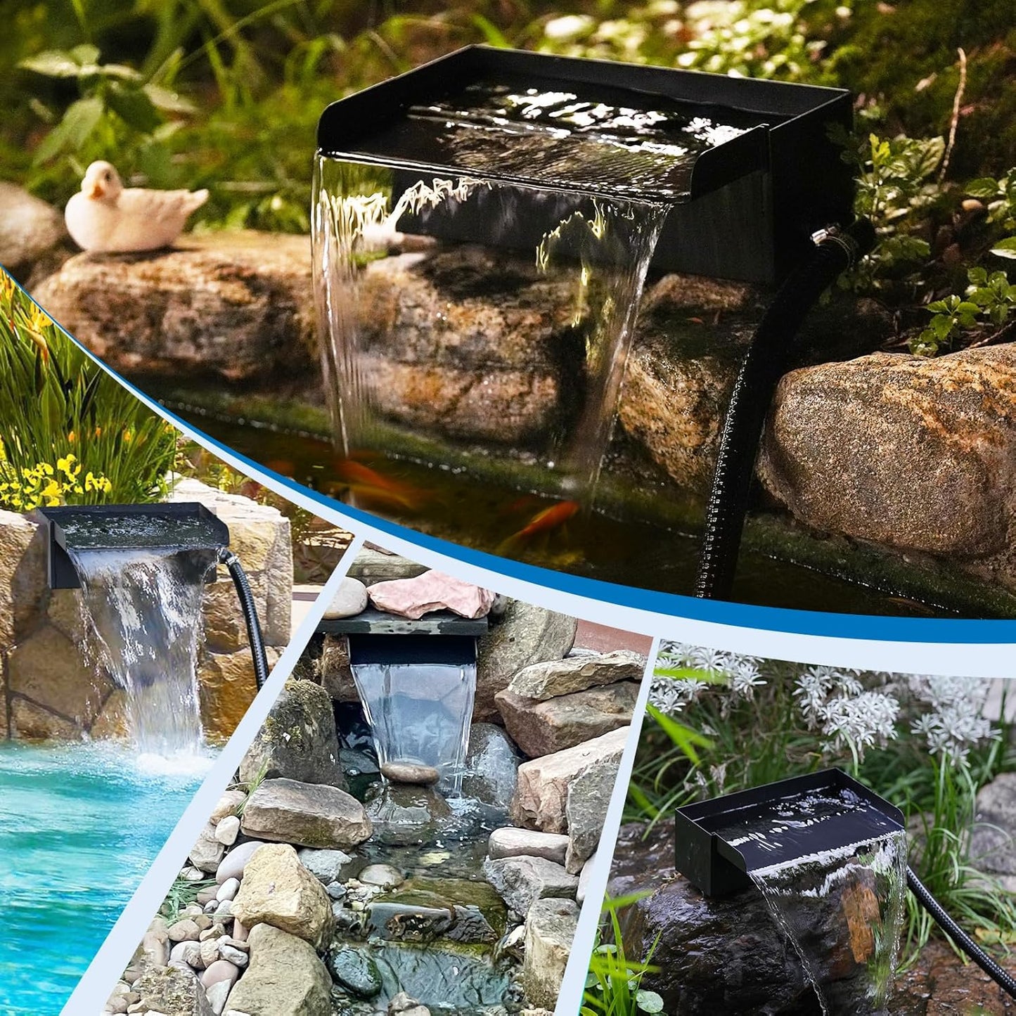 Biling 12.2" Pond Waterfall for Outdoor Ponds, Waterfall Spillway Pond Kit with 40W 660GPH Pump, Stainless Steel Waterfall Box and 9.8FT Corrugated Tubing for Water Garden, Ponds and Water Features