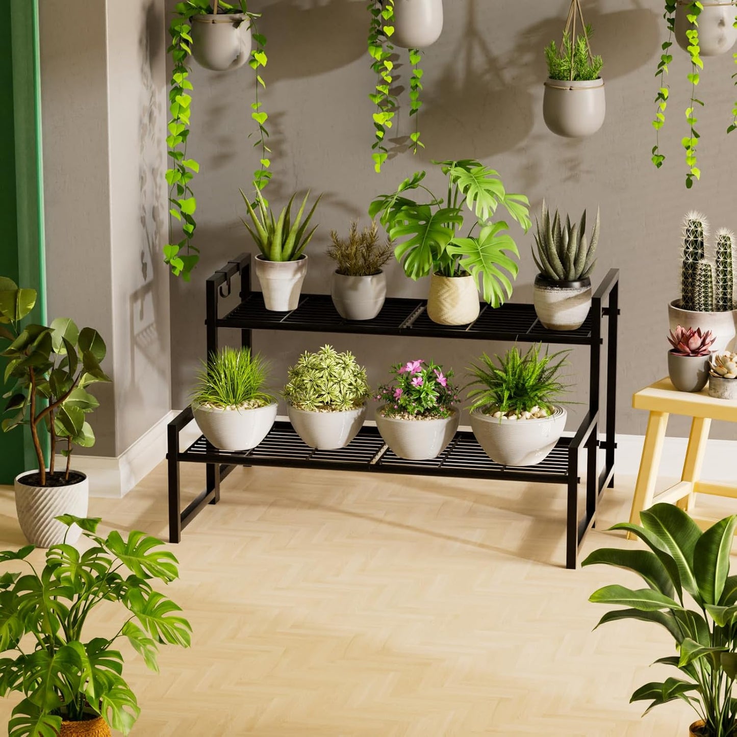 Garden 4 you 2 Tier Metal Plant Stand Outdoor Indoor Waterproof, Stackable Heavy Duty Tall Plant Shelf Flower Pot Holder for Garden, Display Rack, Black