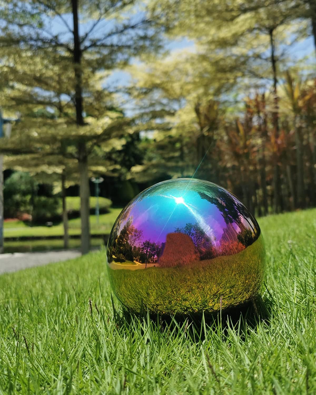 Rainbow Gazing Globe Mirror Ball in Stainless Steel, Shiny Hollow Sphere Sparkling Housewarming Outdoor Ornament (8 Inch)