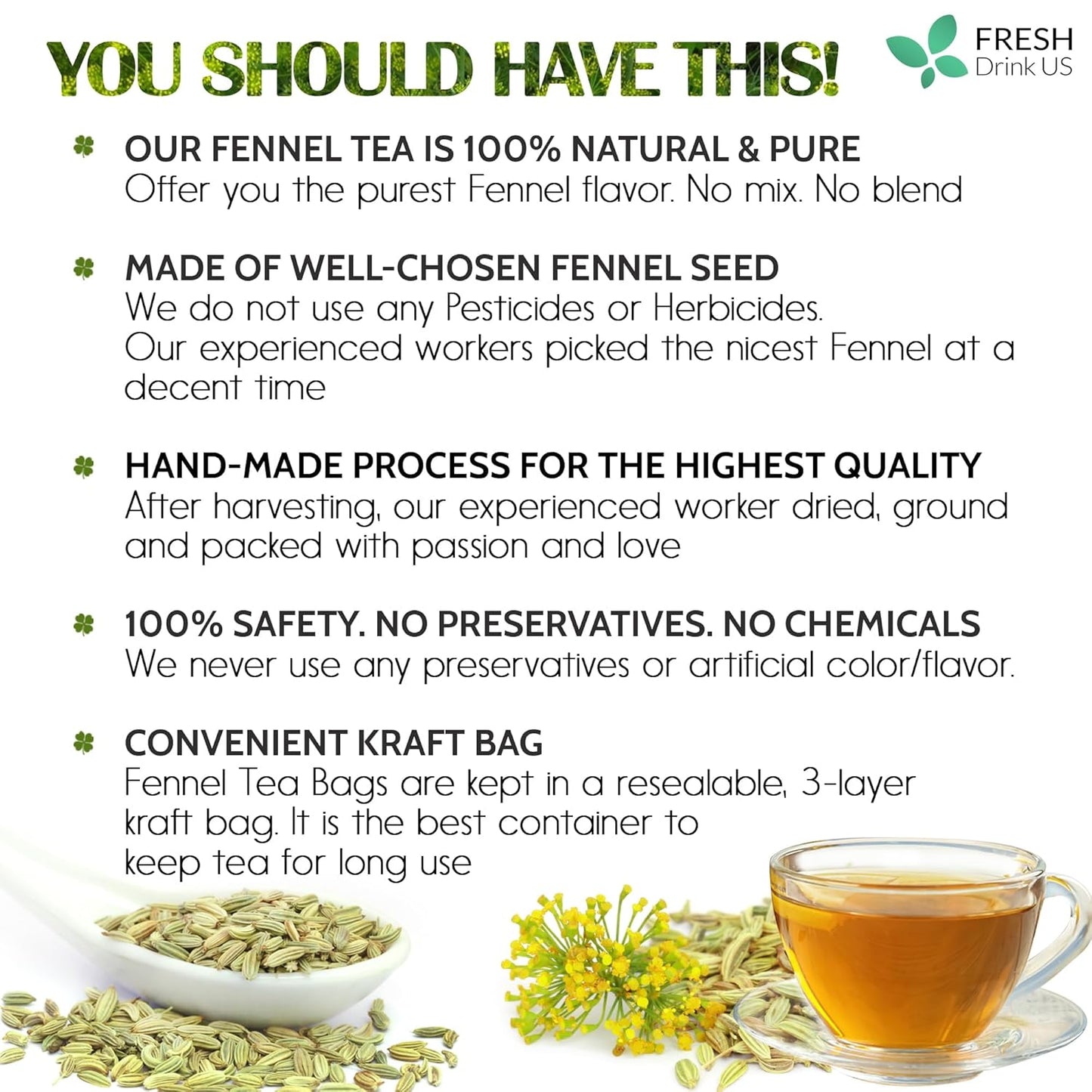 FreshDrinkUS, Premium 135 Fennel Tea Bags, 100% Natural & Pure from Fennel Seeds. Fennel Seed Herbal Tea. Fennel Seed Tea. Made with Natural Material Tea Bags. No Sugar, No Caffeine, No Gluten, Vegan.