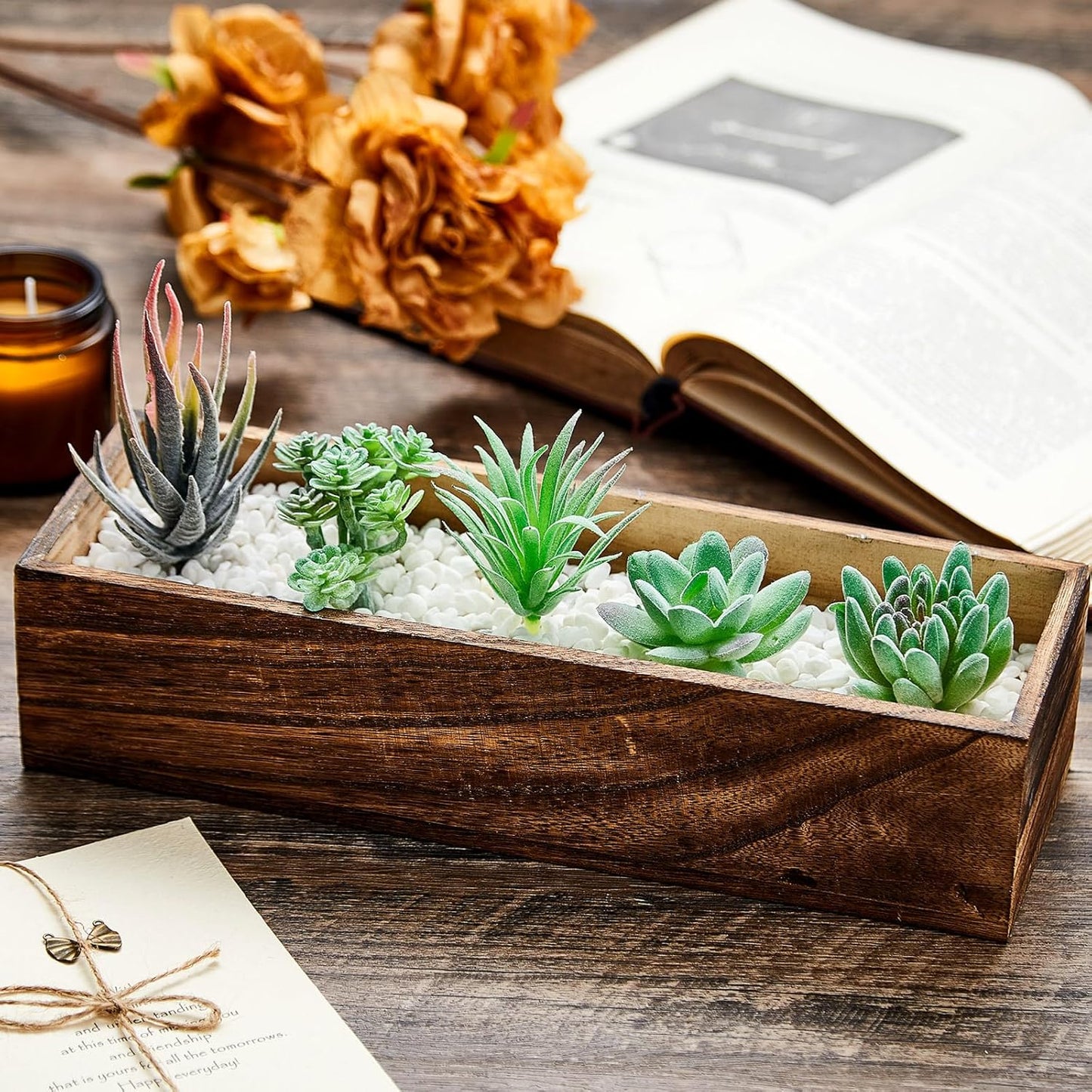 Dandat 4 Set Wood Boxes for Centerpieces 12x4 Inch Rectangle Wooden Planter Box Rustic Wood Planter with Removable Plastic Liner Floral Foam Blocks for Centerpieces Home Wedding Garden Decor