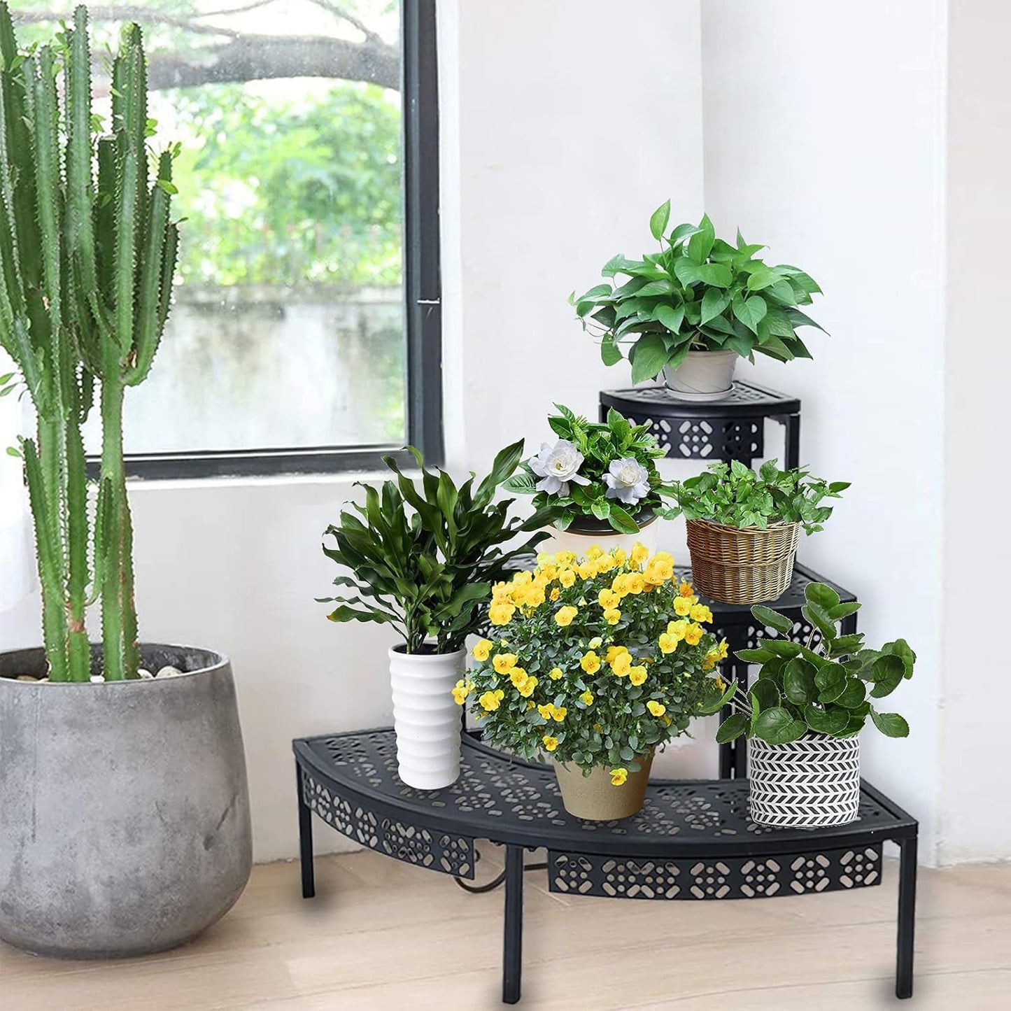 3 Tier Plant Stand Semi-Circular Flower Pot Organizer Rack Quarter Round Plant Display Holder Outdoor Storage Shelves Metal Corner Shelf Planter Shelving Ladder Plant Stand for Indoor Use(Black)
