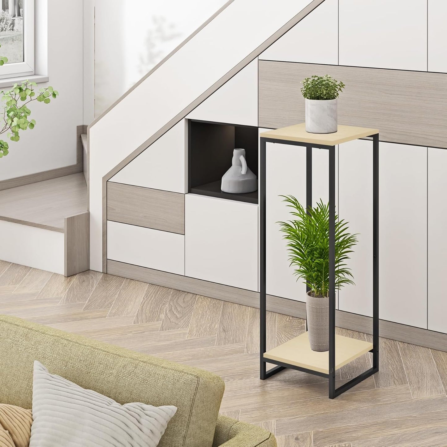 34" Tall Plant Stand Indoor, 2-Tier Modern Plant Shelf, Corner Flower Pot Holder Organizer for Living Room Balcony Patio Garden (Light Oak)