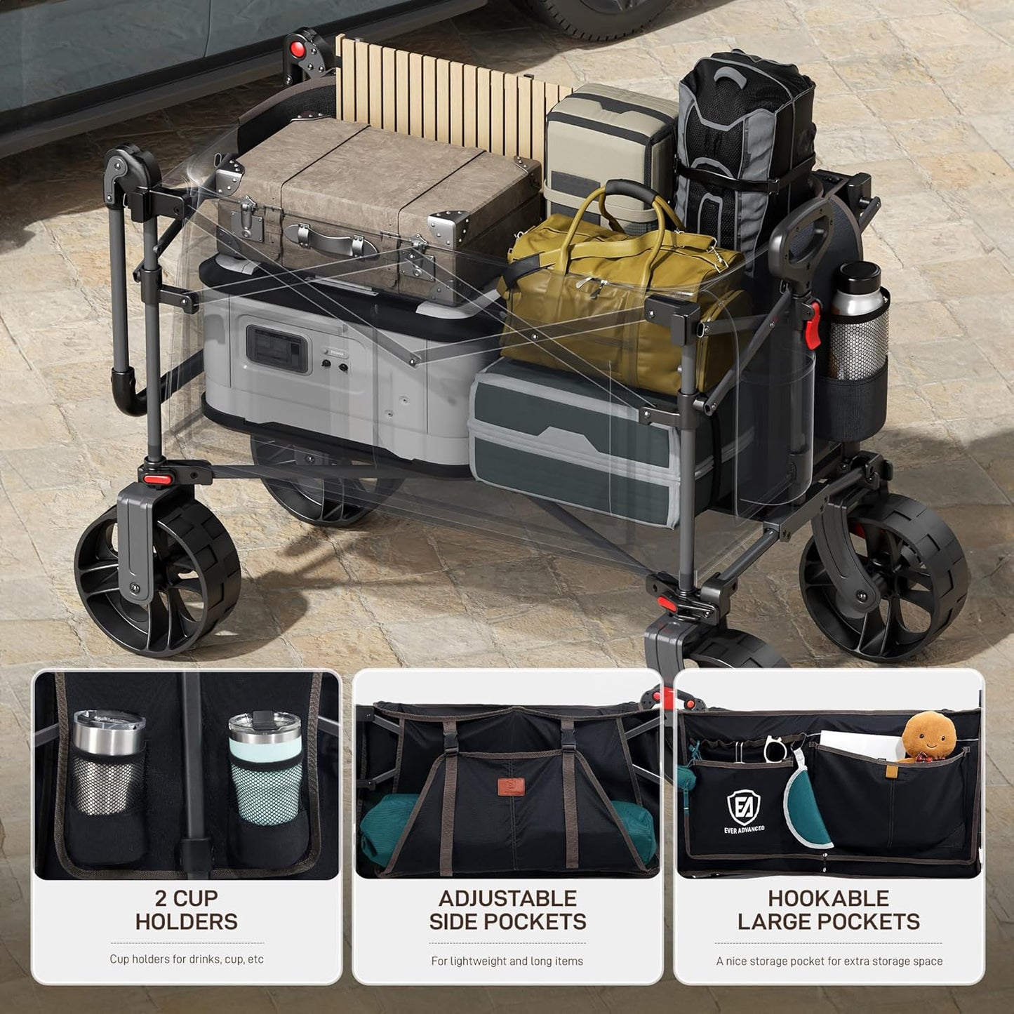 EVER ADVANCED Folding Push Wagon with Canopy, Portable Shopping Cart with Brakes, Collapsible Wagon Cart with All-Terrain Big Wheels for Camping, Beach, Sports