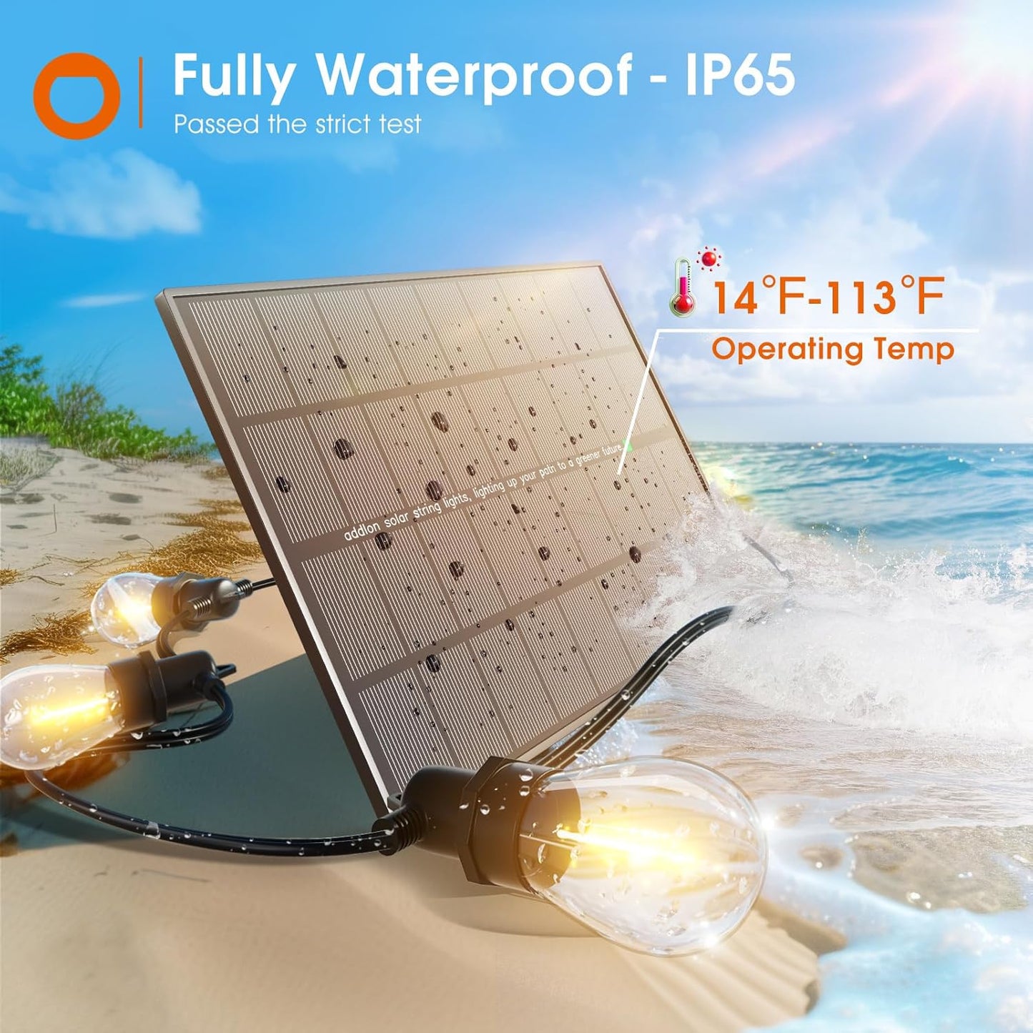 addlon 102FT(96+6) Solar String Lights Outdoor Waterproof with 6W Panel USB Charing & Remote Control Patio Lights Long Last for 20+Hrs Dimmable Solar Power LED Bulbs for Porch Garden Market Bistro