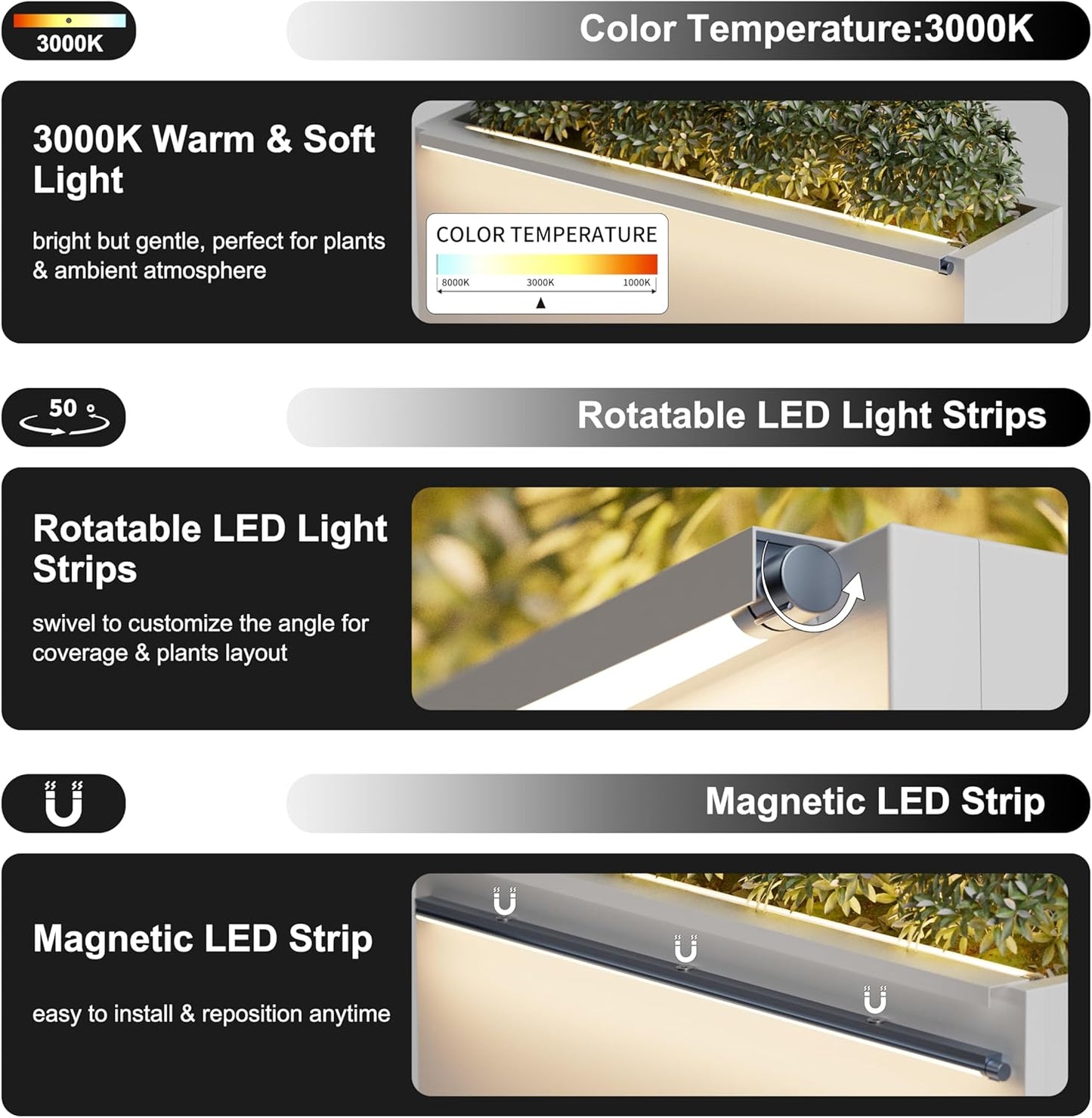 GSK Tall Illuminate Decor 30" H×10" W×37.9" L White Metal Planter Box LED Strips×2 Lighting Vibe Indoor Garden Flower Divider Plants Outdoor Separation Modern Succulent Balcony Houseplants