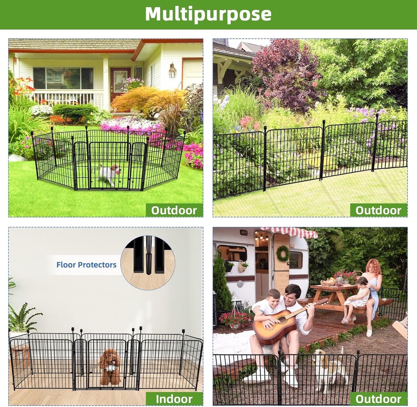 ADAVIN 32 in(H) Garden Fence with Low Threshold Gate, 8 Panels Total 17.7 Ft(L) Tall Garden Fencing for Raised Beds, Outdoor or Indoor Dog Playpen, Black Iron Metal Heavy Duty Dog Fencing