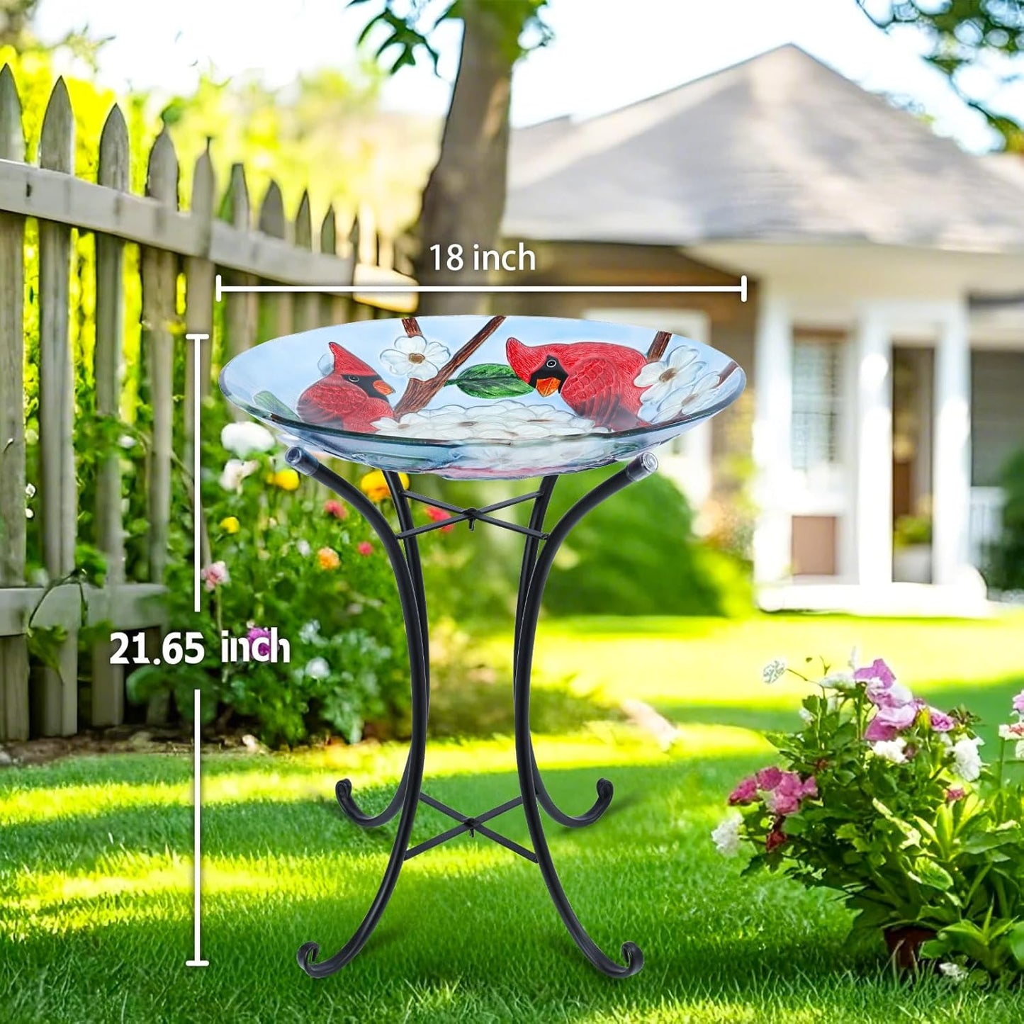 MUMTOP Outdoor Glass Birdbath with Metal Stand for Outside Yard Garden Decor, 18 inch Diameter Red Caridnals Bird Baths Bowl for Outdoors, 21.65 inch Height