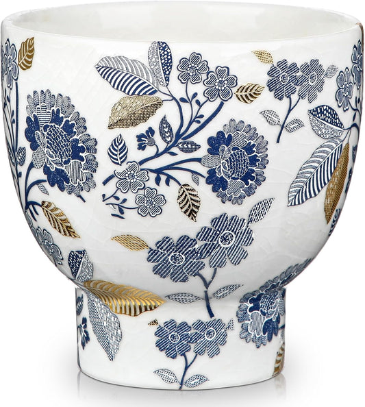 5.5 Inch Decorative Flower Pots, Blue and White Plant Pot Gold Accent Ceramic Planters for Indoor Plants Pots with Drainage Retro Planter Pot for Succulents Cactus Herb Snake Plants Outdoor Garden