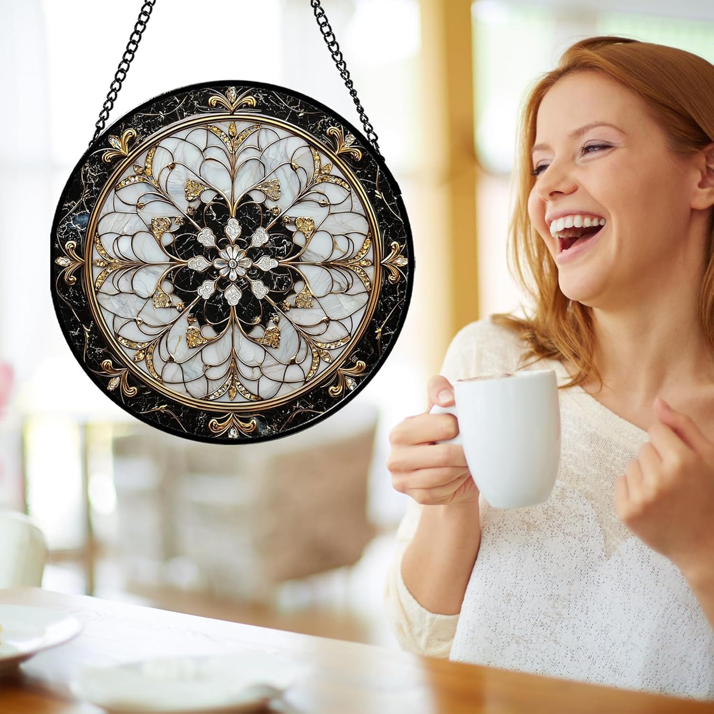 Stained Glass Window Hanging, Black and White Gold Boho Pattern Suncatcher for Doors Window Home Abstract Flower Sun Catchers Decor Mother's Day Birthday Gifts for Women, Men Mom 15 in