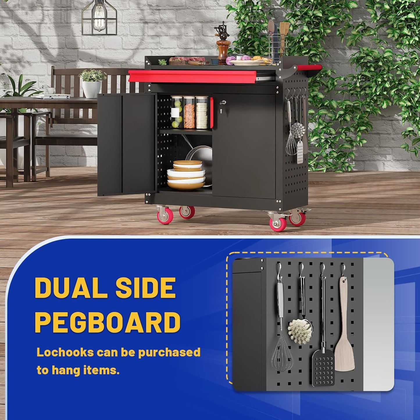 Metal Grill Cart - Outdoor Grill Cart with Storage,Grill Table with Wheels,Outdoor Bar Cart with Adjustable Shelf for Kitchen Prep and Patio BBQ