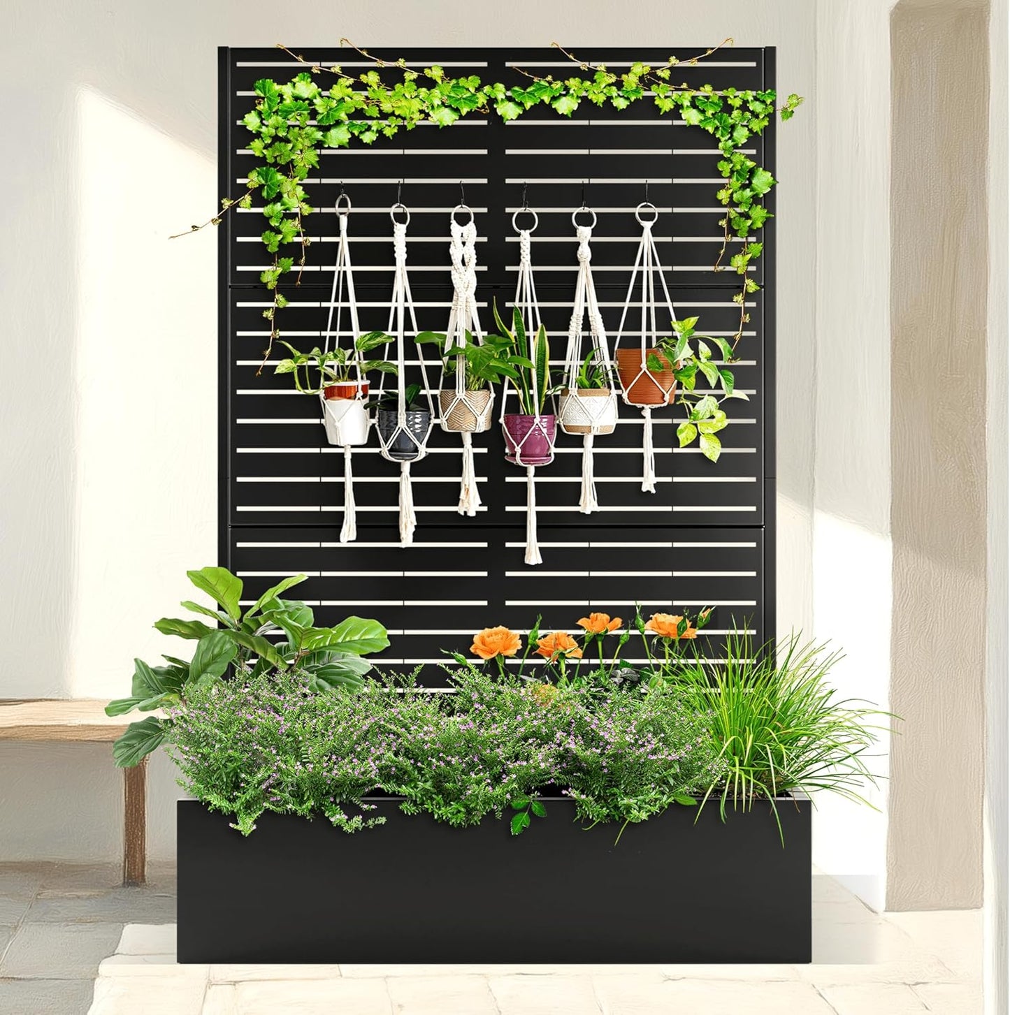 Metal Planter Box with Trellis Raised Garden Bed with Trellis 71"x47"x16", Trellis with Planter Box & Privacy Screen, Metal Planter Box for Climbing Plants, Vegetable, Vines(Black, Louvered)