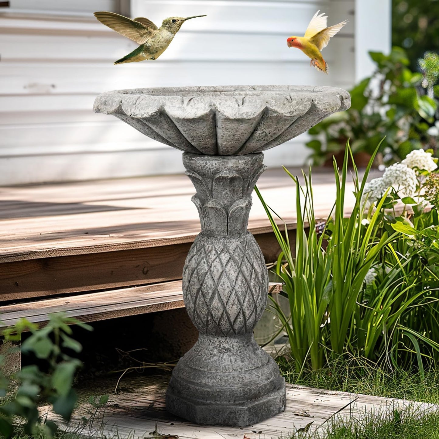 SKYFIRE 24.8" H Cement Modern Outdoor Bird Bath - Fibre Reinforced Concrete Bird Baths for Garden, Large Size Elegant Carved Garden Birdbaths with Pedestal for Patio, Backyard, Lawn Decor