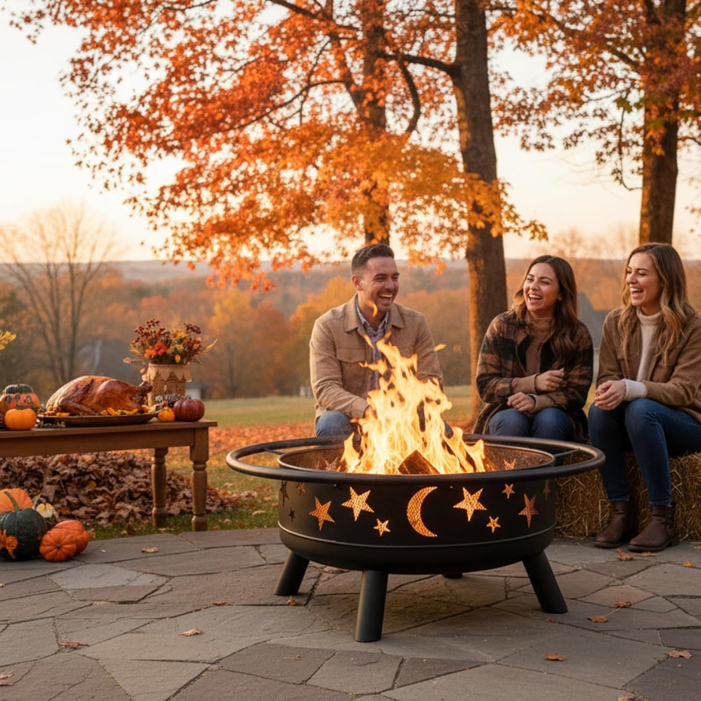 32" Round Wood Burning Fire Pit with Mesh Cover, Fire Poker, Star & Moon Cutouts, Metal Outdoor Firepit for Patio, Backyard, Garden, Bonfire, Camping, Christmas, Thanksgiving, Halloween