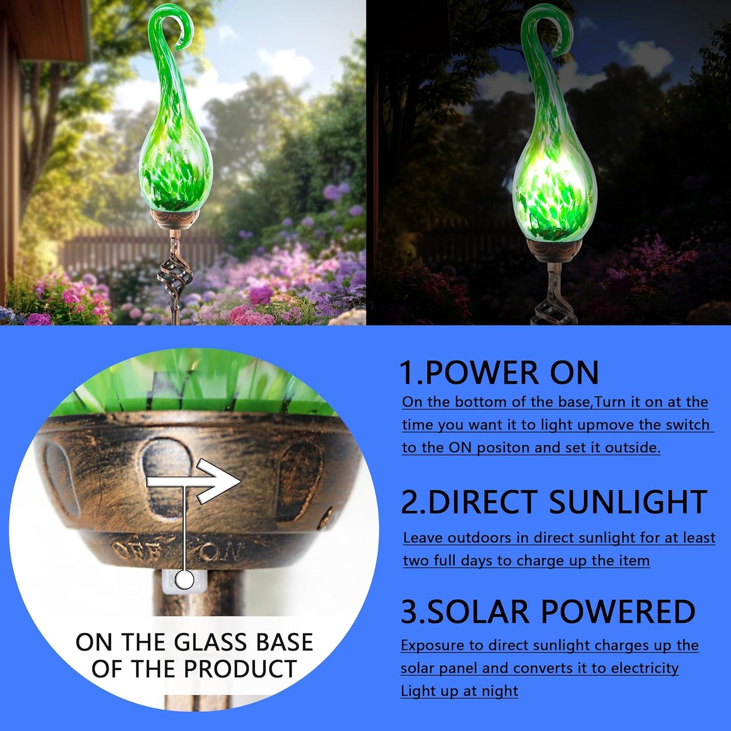 Garden Solar Lights Outdoor, Decorative LED Pearlized Glass Spiral Garden Stake with Finial, Hand Blown Glass and Metal Outdoor Decoration, 3 x 36 Inch (Green)