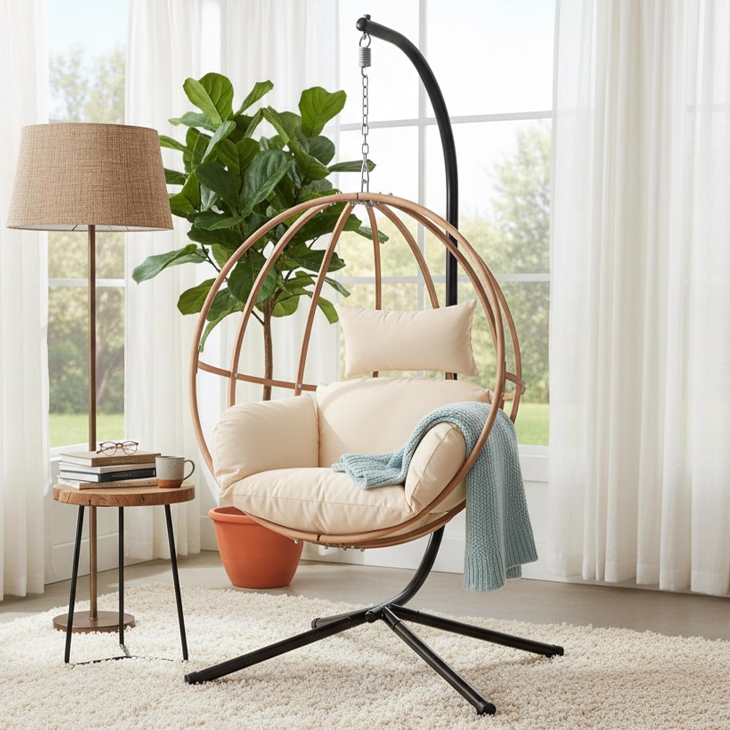 Egg Chairs Outdoor, Hanging Egg Chair with Stand, All Weather Swing Chair, Modern Swinging Egg Chairs Indoor, Metal Hanging Chairs with Cushions, Patio Lounge Chair for Balcony/Deck, Beige