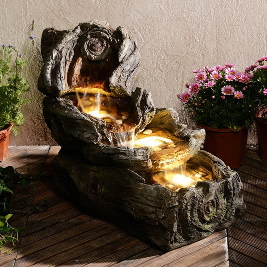 31.5" L Garden Water Fountain Outdoor, Artifical Imitation Wood Outdoor Water Fountain Natural Waterfall with LED Lights for Patio,Porch,Backyard,Home Art Decor（Resin）